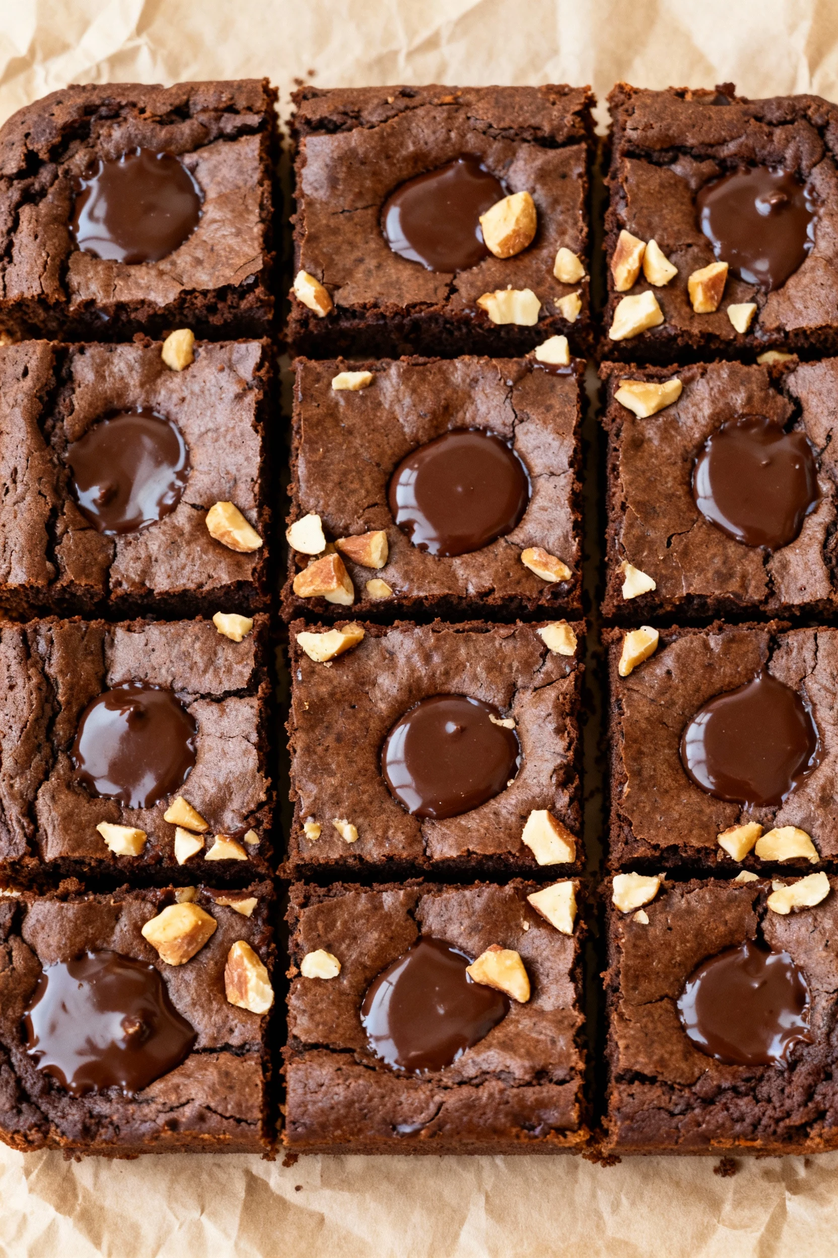 2. Overhead shot of sliced brownies arranged in a neat grid on parchment paper, each piece showing glossy melted chocola