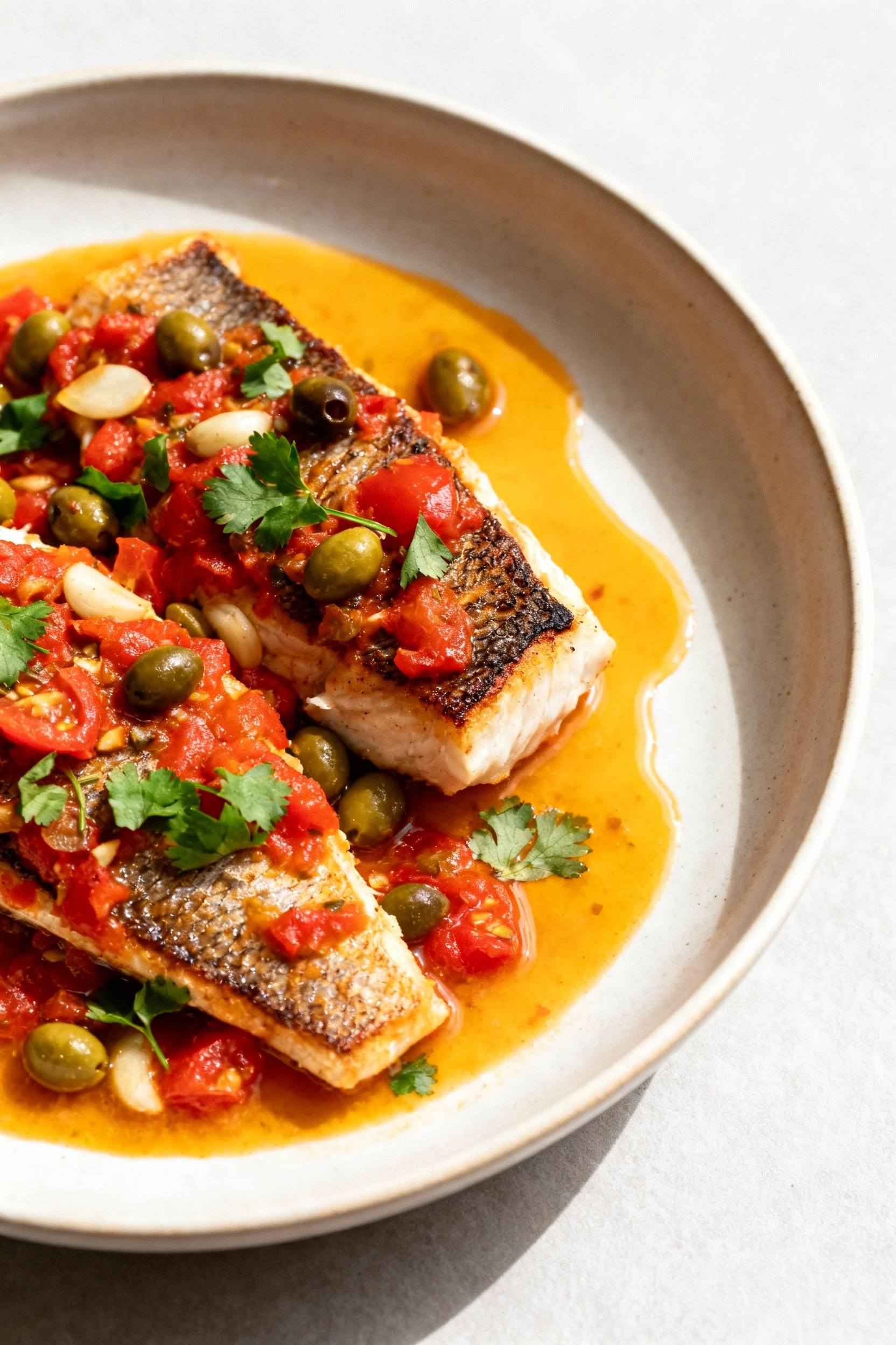 Top-down Veracruz-style red snapper: seared fillets smothered in cooked tomato–olive–caper–garlic sauce with white wine,