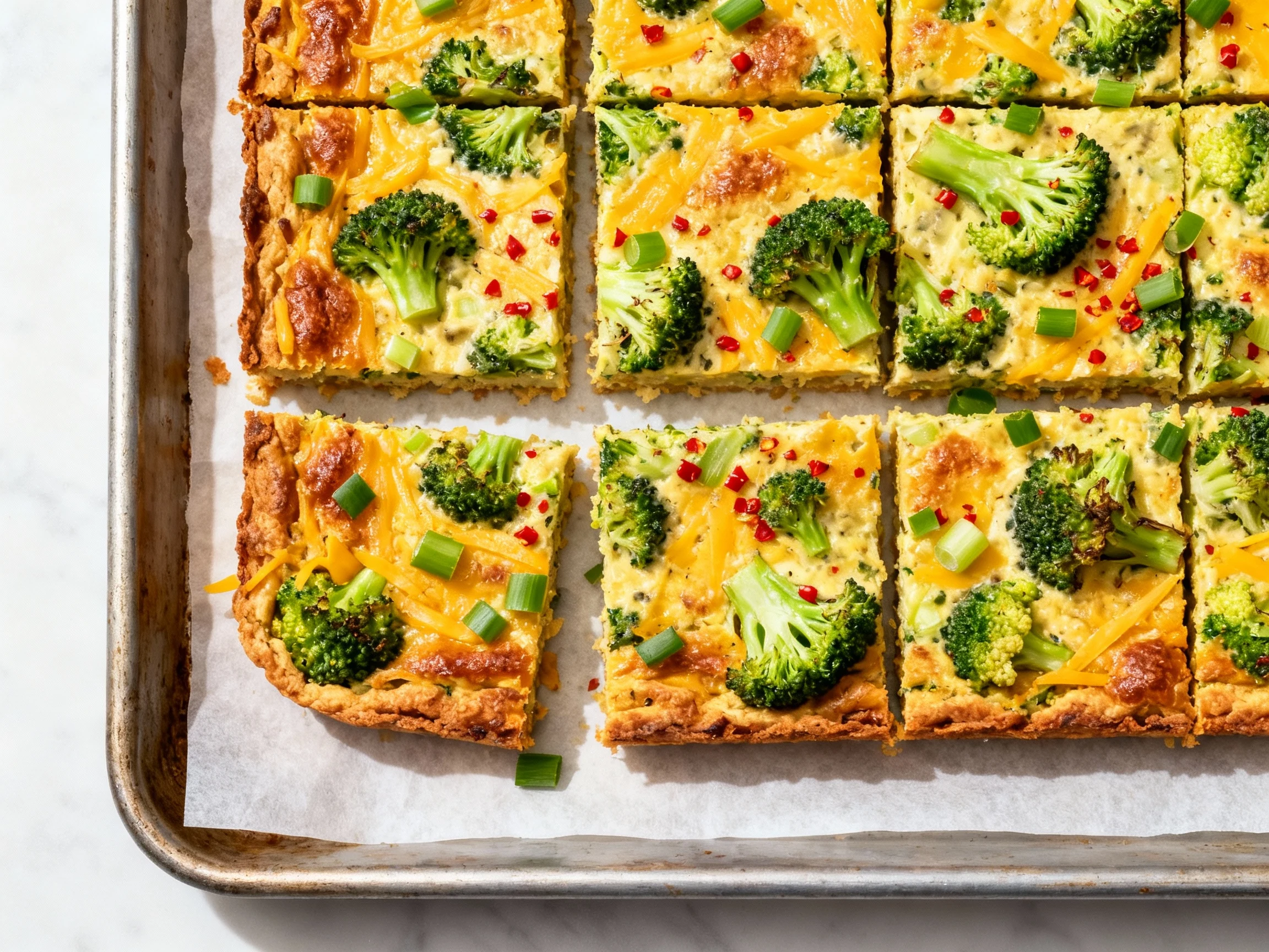 Food photography, Top view of crustless broccoli cheddar slab quiche on parchment: browned cheddar, bright broccoli flor