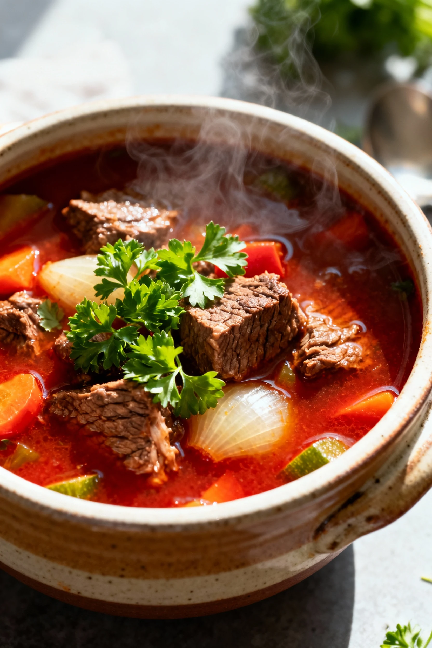 Overhead shot of rustic crockpot stew in a ceramic bowl, garnished with fresh parsley, chunks of beef chuck roast, onion