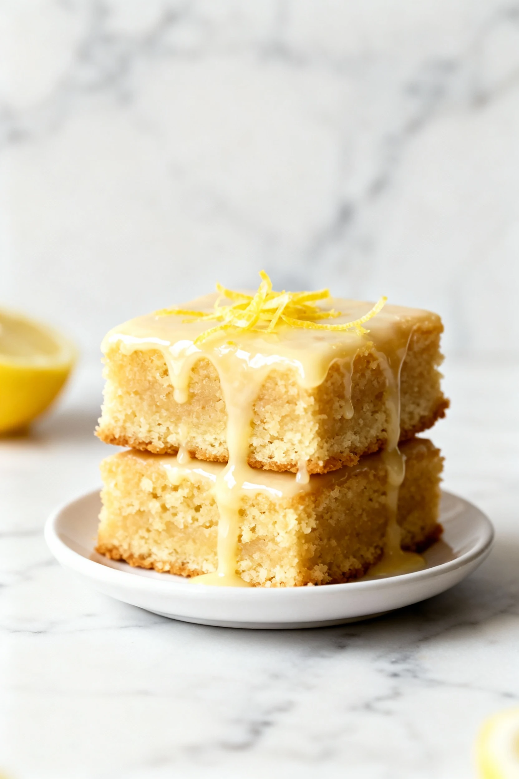 Beautifully plated lemon blondies: two squares stacked on a small white plate, glossy lemon glaze dripping and fresh zes