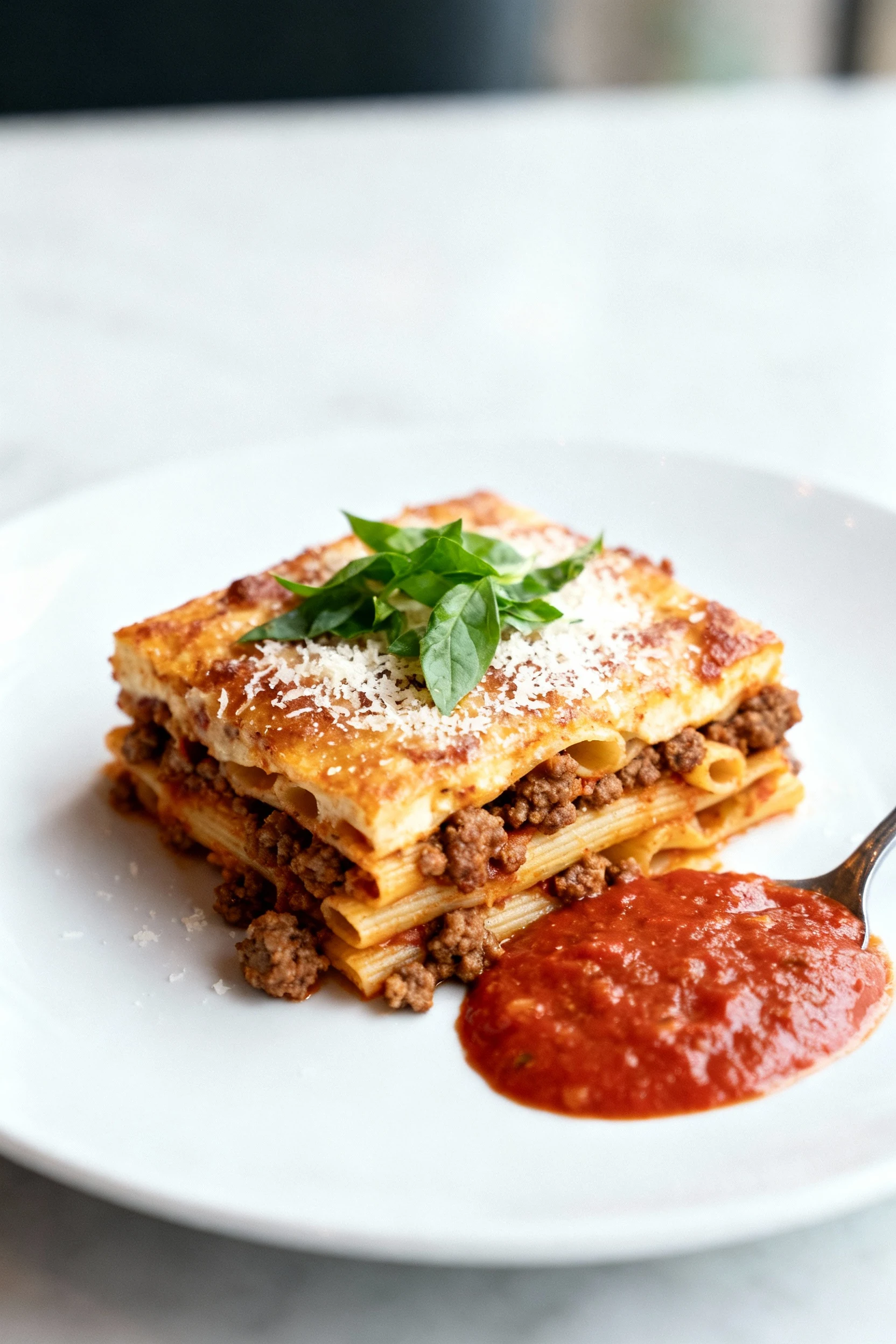 Beautifully plated square of baked ziti with browned sausage crumbles in the layers, extra spooned marinara, Parmesan du