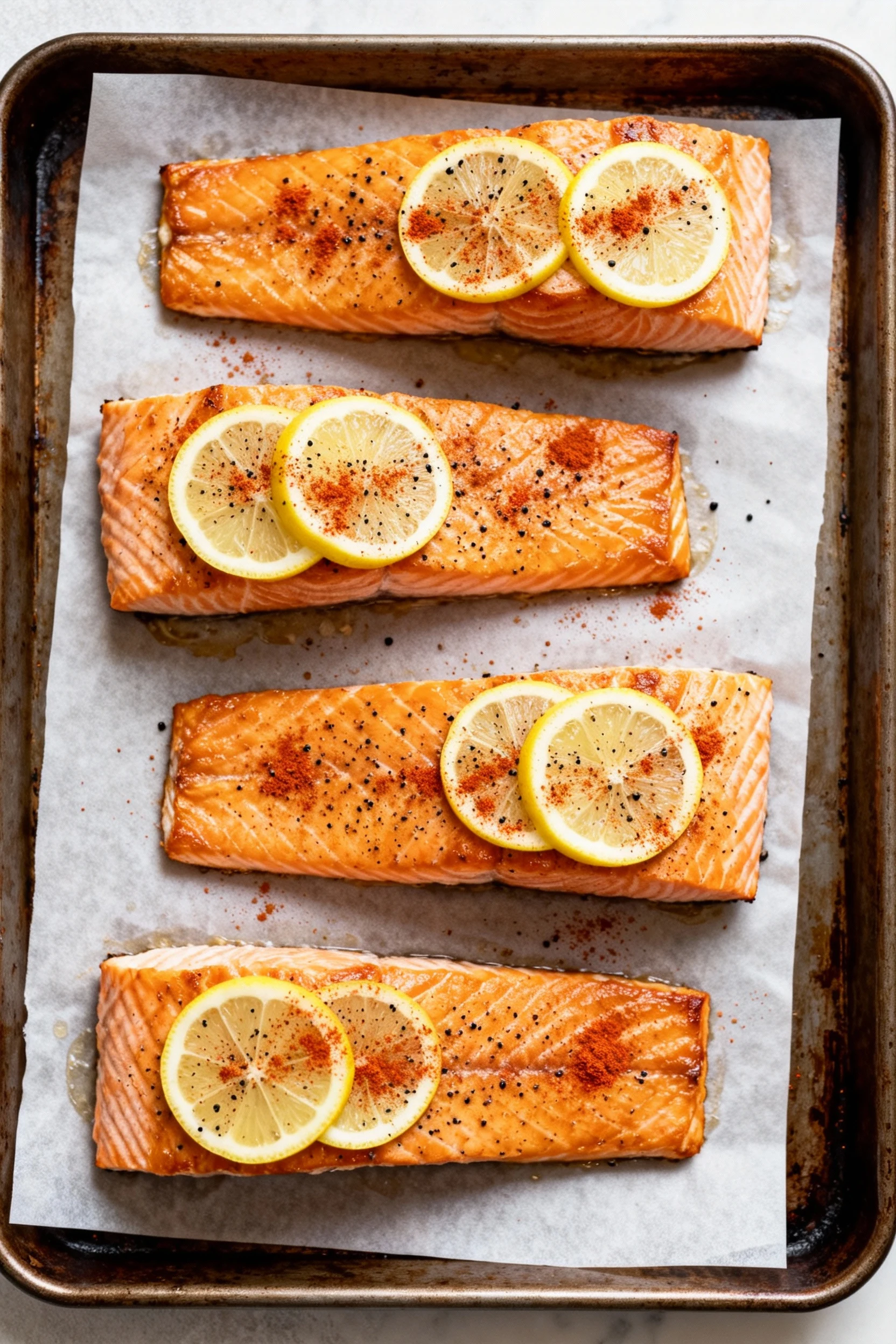 Overhead shot of four perfectly baked salmon fillets arranged on a parchment-lined baking sheet, each topped with thin l
