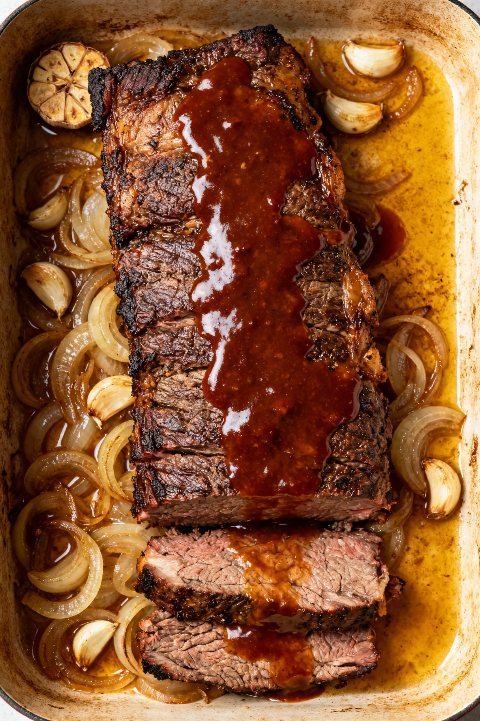 Overhead shot of a freshly cooked beef brisket resting in a roasting pan layered over caramelized onions and garlic, bar