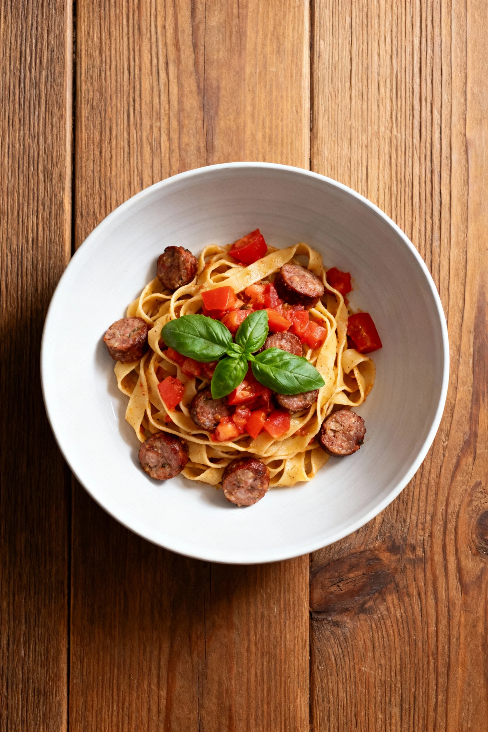 Overhead shot of a rustic pasta dish folded with juicy sausage pieces, diced tomatoes, and fresh basil garnish, served i