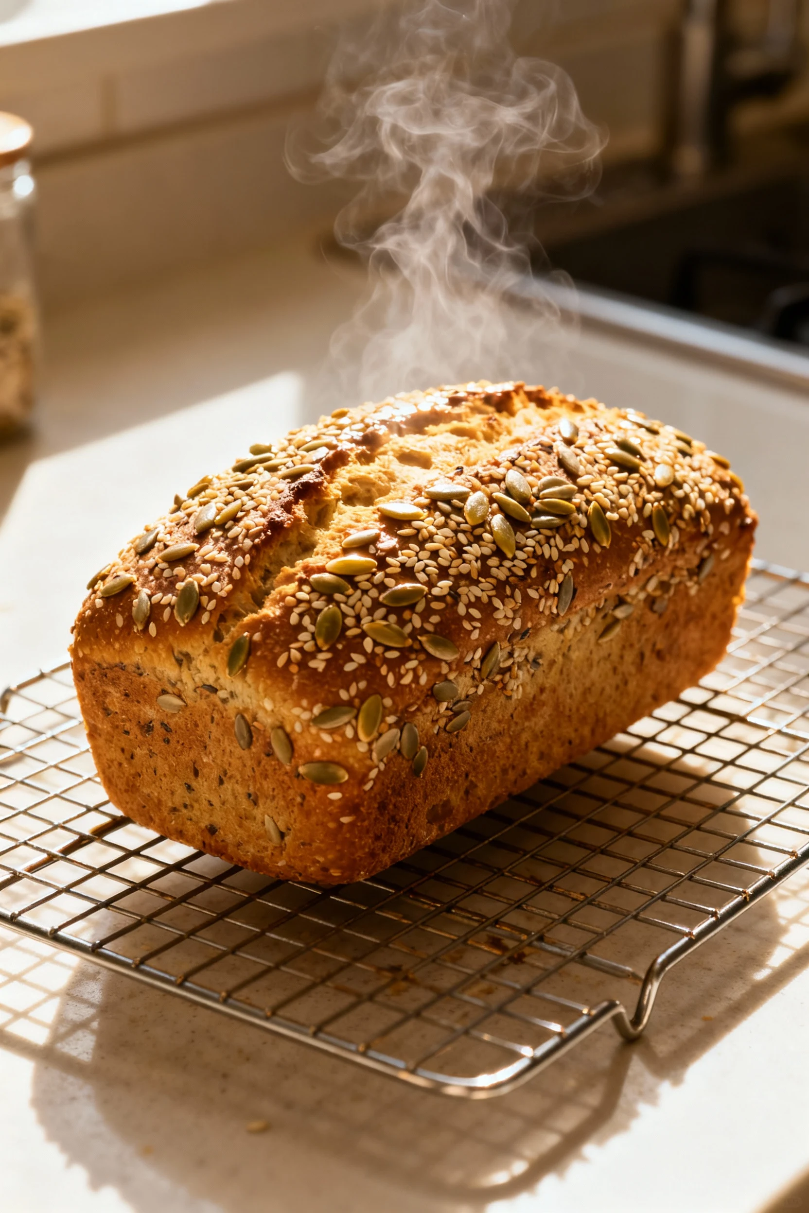 Overhead shot of a seed-crusted loaf cooling on a wire rack, sesame and sunflower seeds glistening on top, steam still r