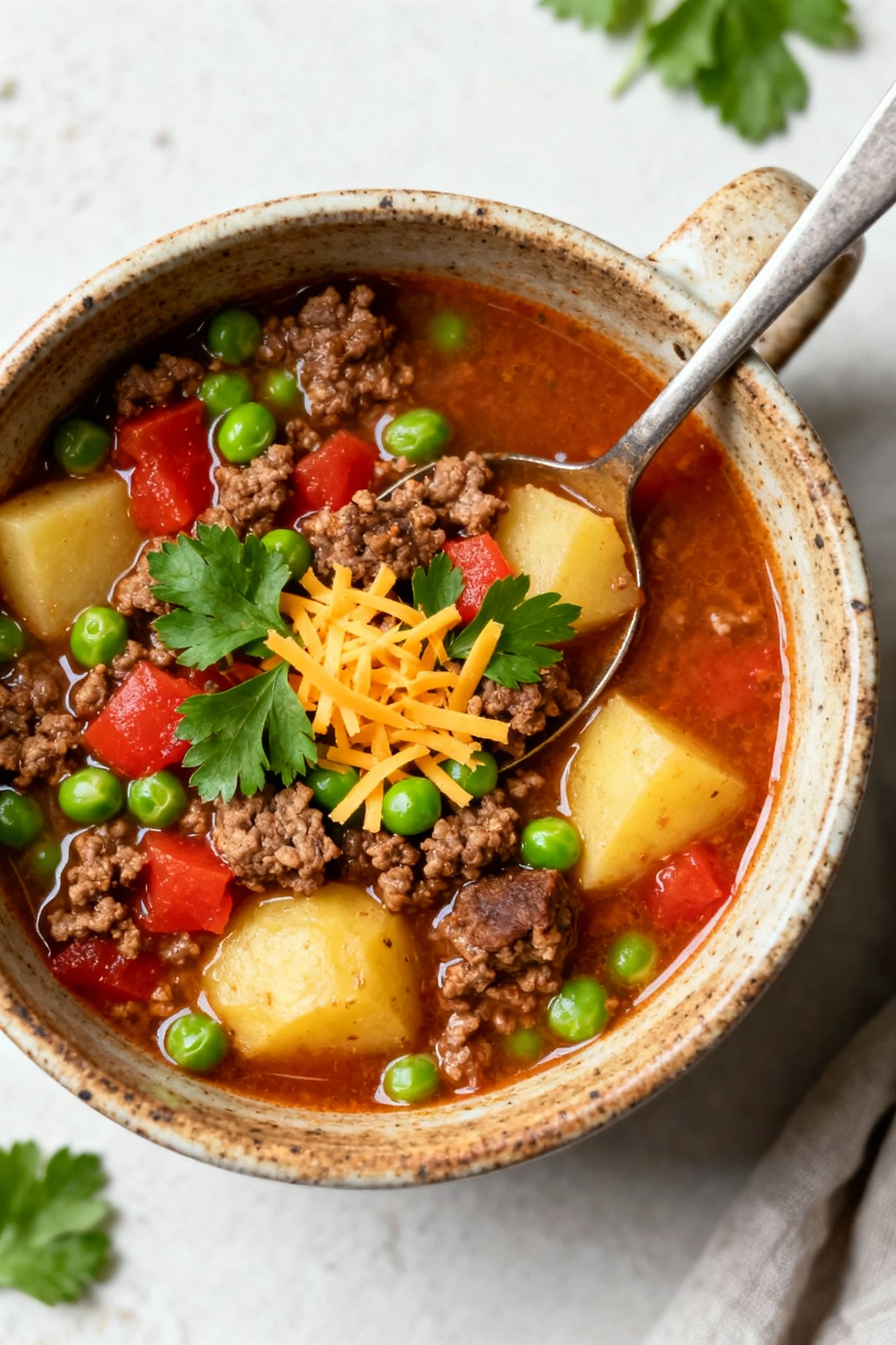 Overhead shot of hearty ground beef soup ladled into a rustic ceramic bowl, garnished with fresh parsley and a sprinkle 