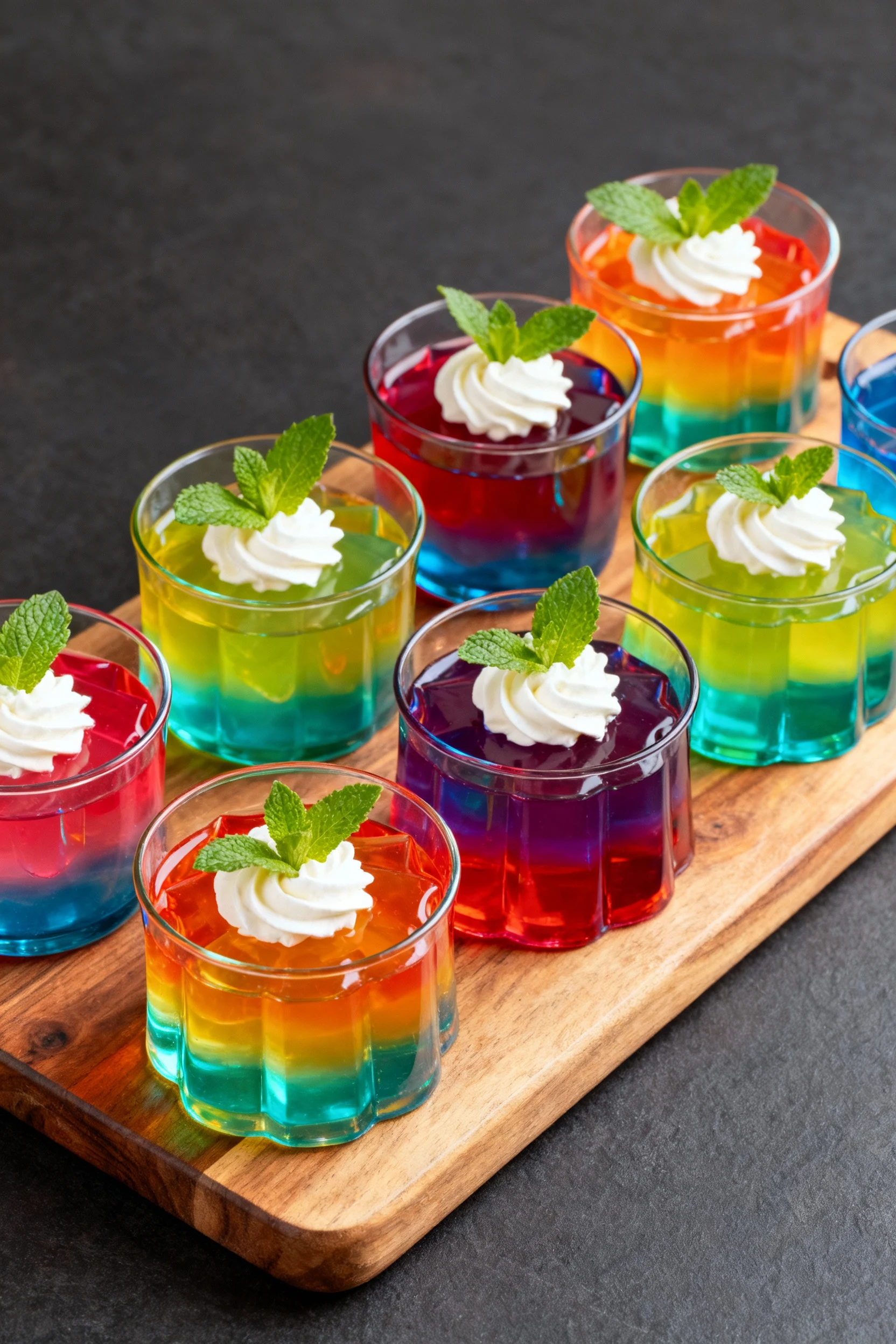 Overhead shot of multiple colorful jello molds in clear glasses, garnished with mint leaves and a swirl of whipped cream