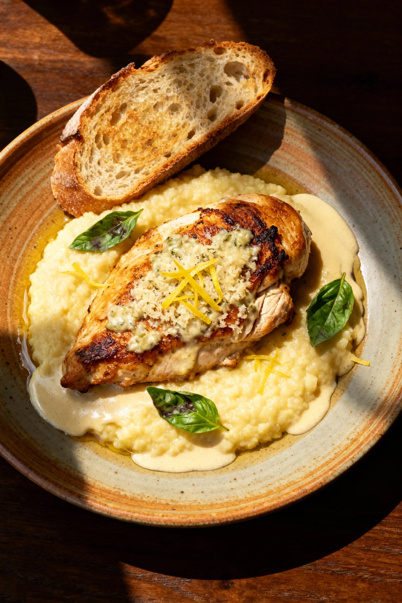 Final dish presentation: Tuscan creamy garlic-Parmesan chicken plated over creamy polenta, sauce cascading, seared edges