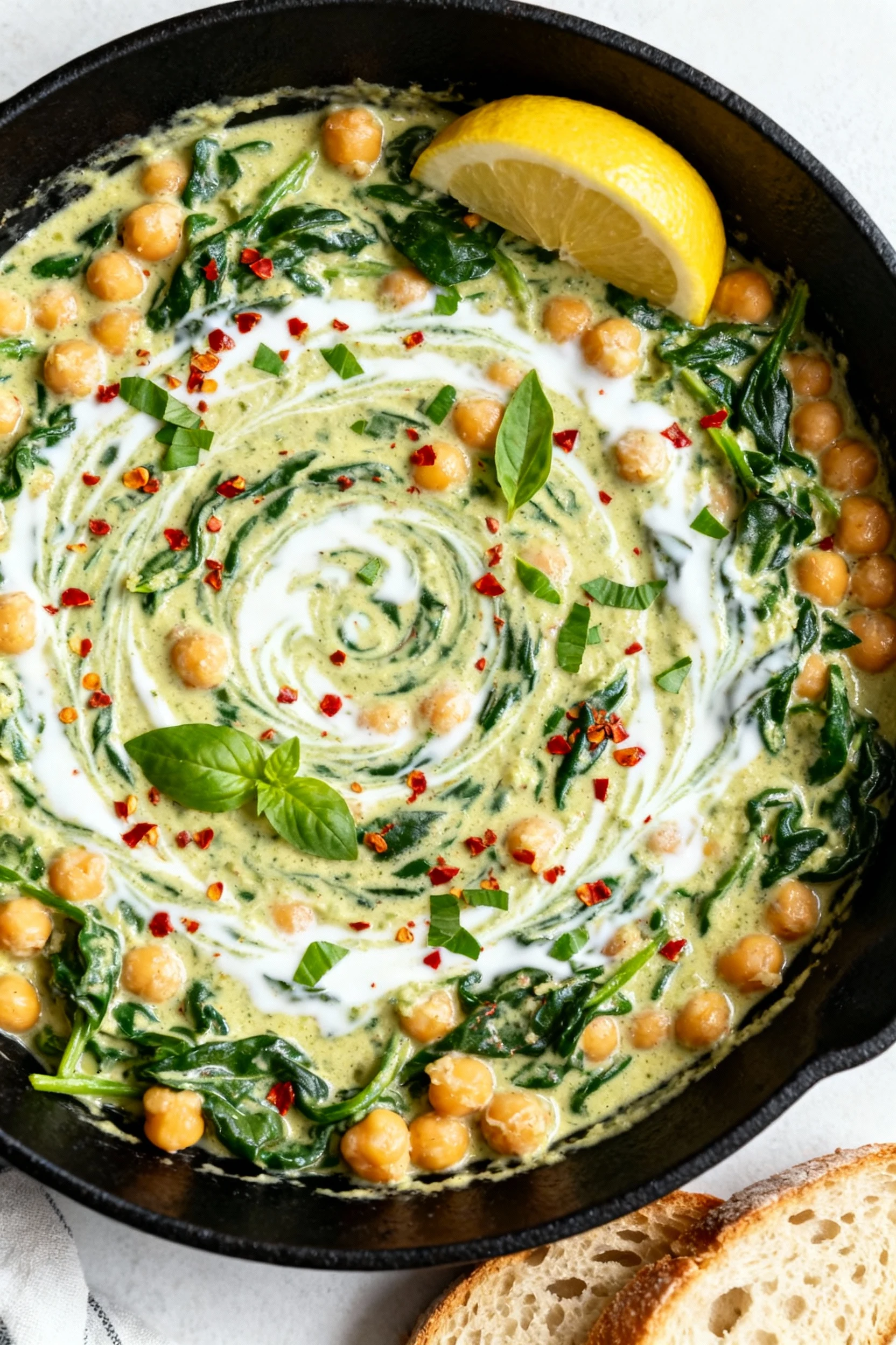 Overhead shot: finished creamy chickpea-spinach skillet in a black cast-iron pan, swirls of coconut milk visible, red pe
