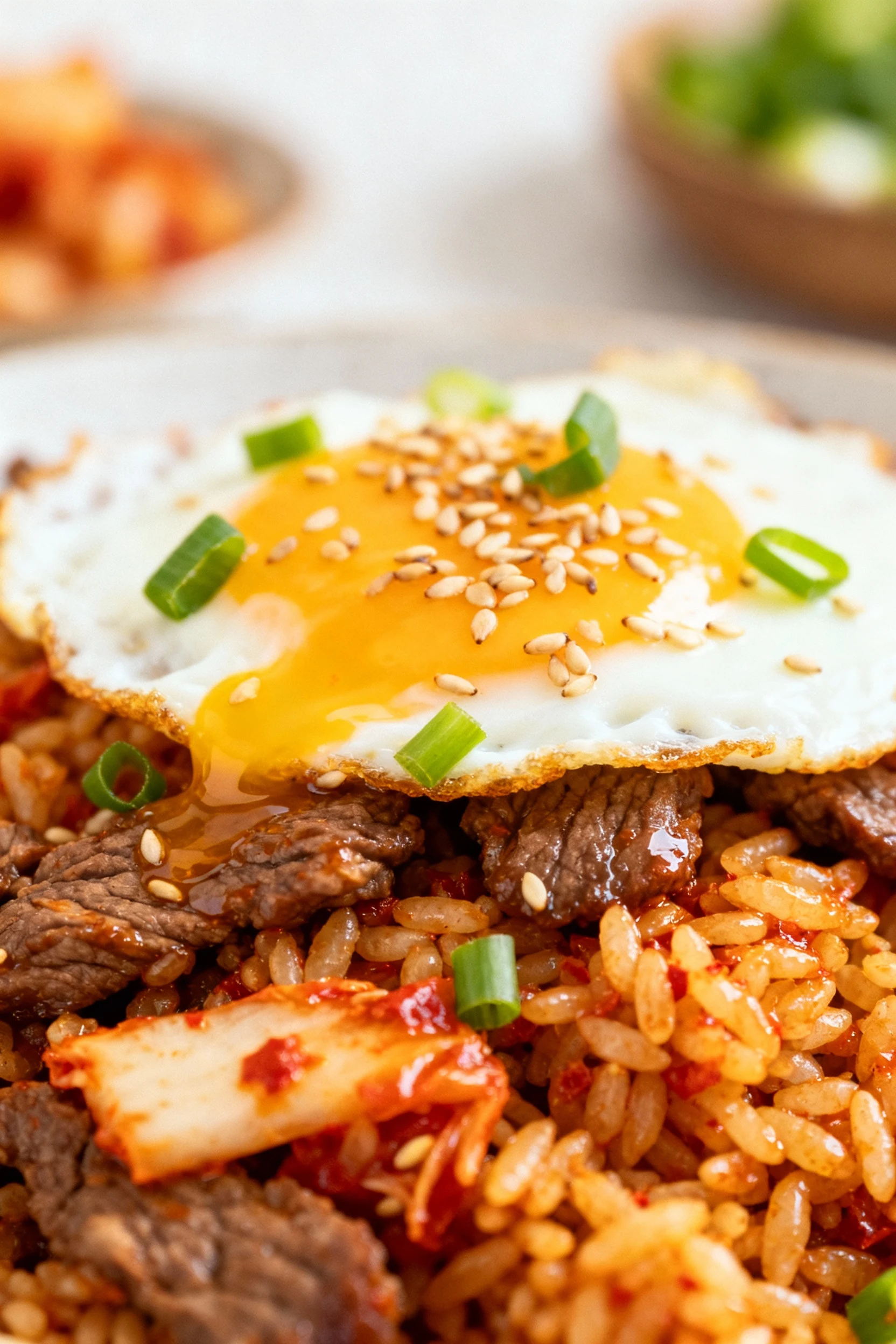 Close-up detail of Korean-inspired beef and rice: gochujang-glossed grains, kimchi bits, sesame oil sheen, runny fried e