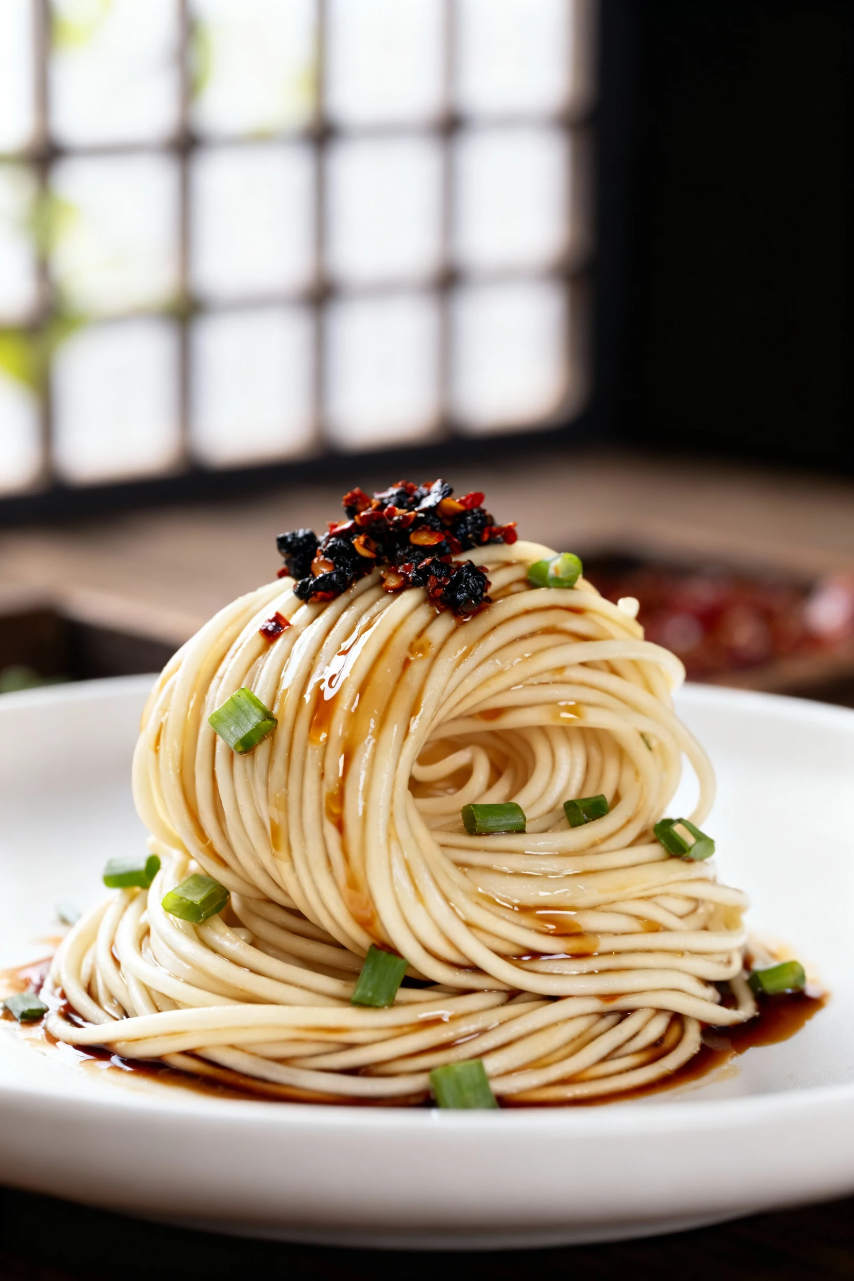Close-up detail: Scallion Oil Noodles twirled—silky strands glistening with scallion-infused oil, soy, oyster sauce, bla