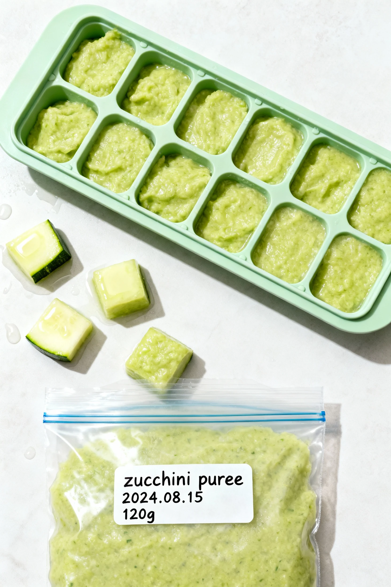 Overhead shot of batch-prepped zucchini puree portioned in a silicone ice cube tray, a few glossy pale-green cubes poppe