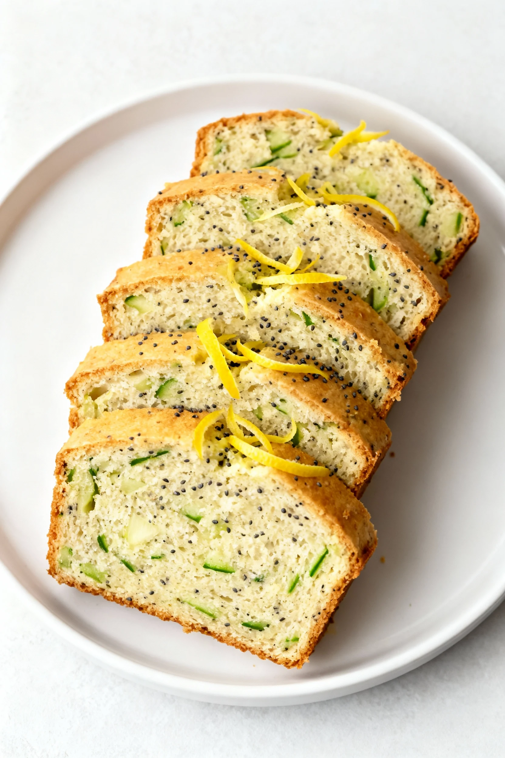 Lemon–poppy seed zucchini bread variant, top-down: neat slices fanned on a matte white platter, tender crumb with green 