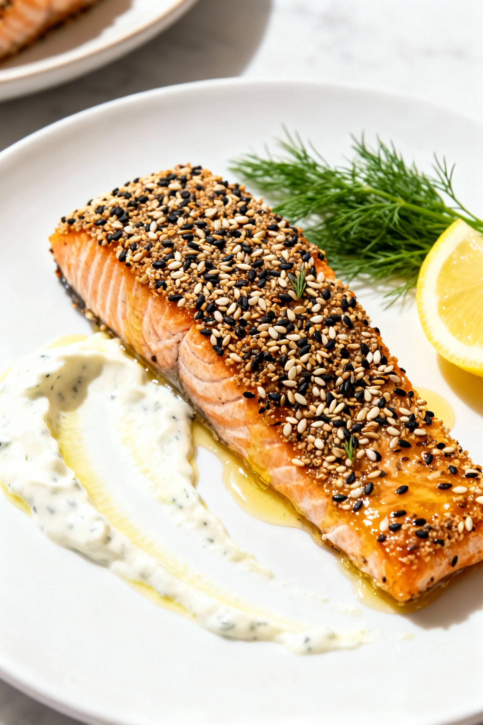 Beautifully plated everything bagel-crusted salmon, crackly black-and-white seed crust, butter-glossed finish; white pla