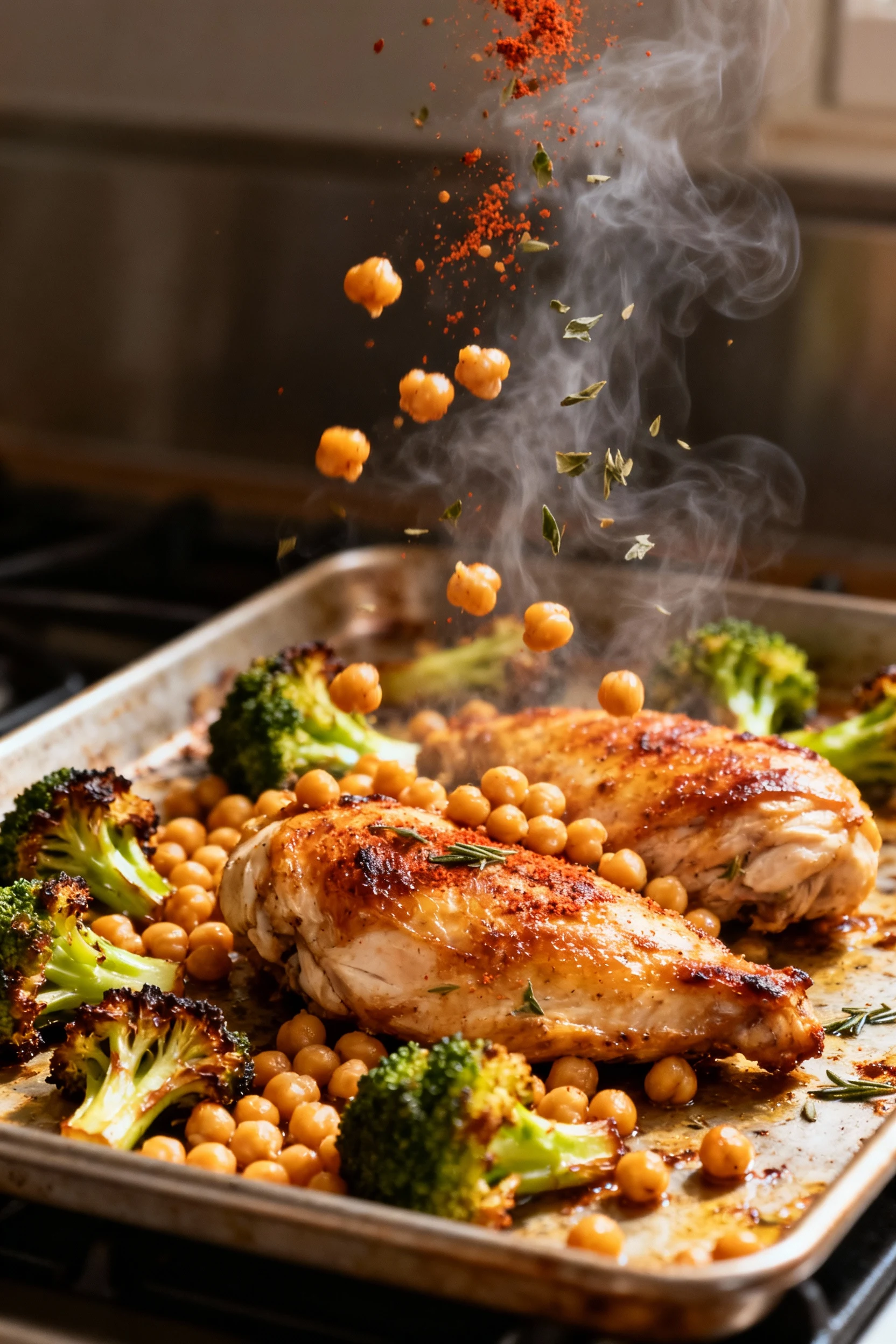 4. 45-degree process shot at the 12-minute stir: sheet pan with tumbling chickpeas, broccoli edges caramelizing, chicken
