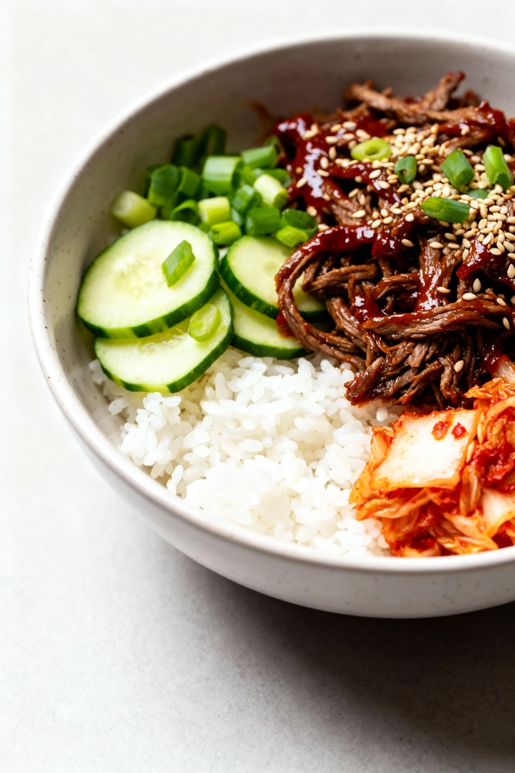 Restaurant-style final bowl at a 45-degree angle: Korean-inspired rice bowl with gochujang–soy glazed shredded beef, ste