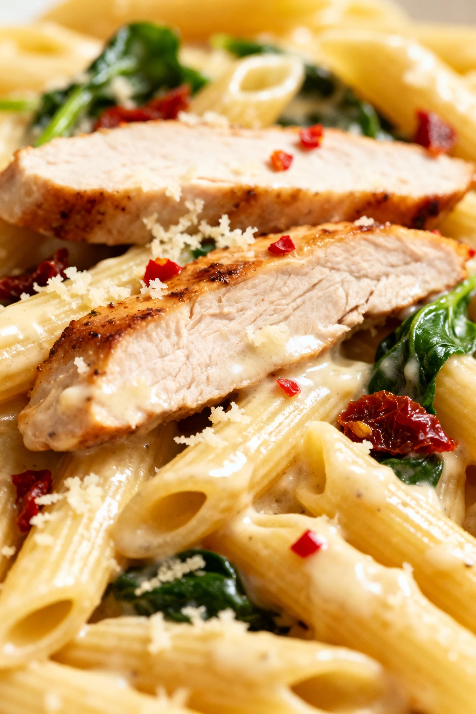 4. Macro close-up of penne coated in silky Parmesan sauce; juicy seared chicken slice, flecks of red pepper, bits of sun