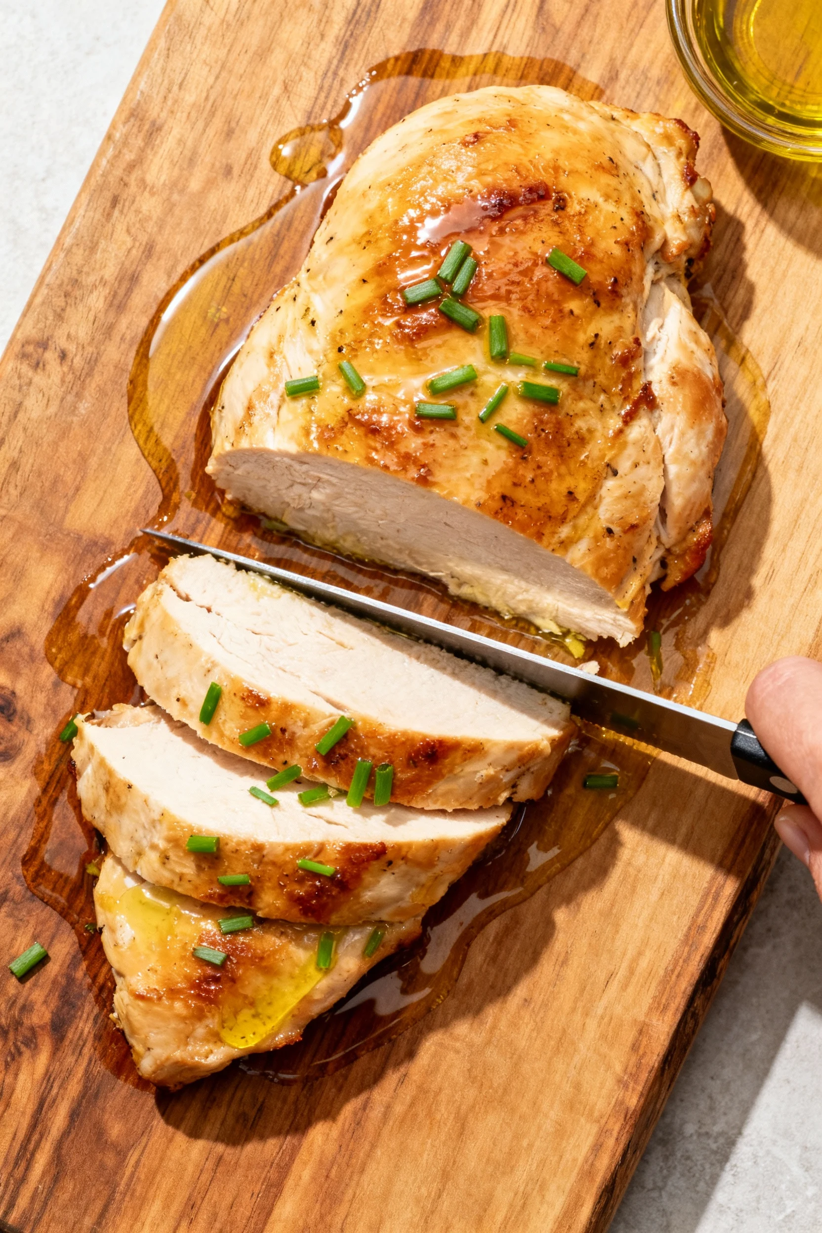 4. Top-down shot of rested baked chicken breasts on a wooden board, juices glistening, first slices starting; drizzle of