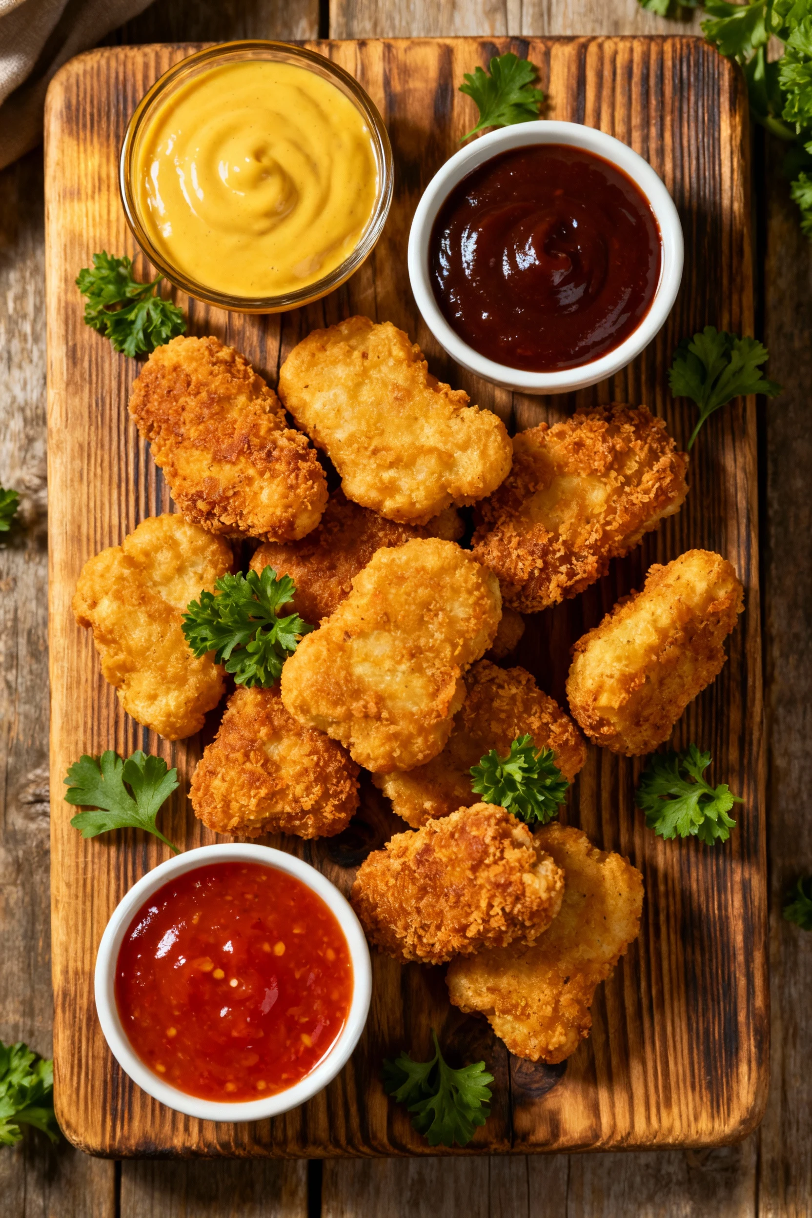 Overhead shot of assorted homemade chicken nuggets served with multiple dipping sauces (honey mustard, barbecue, srirach