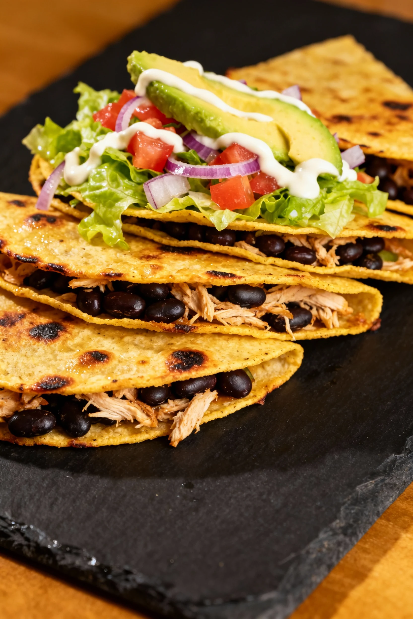 Final plated tostadas: baked corn tortillas crisped, layered with black beans and shredded chicken, piled with lettuce, 