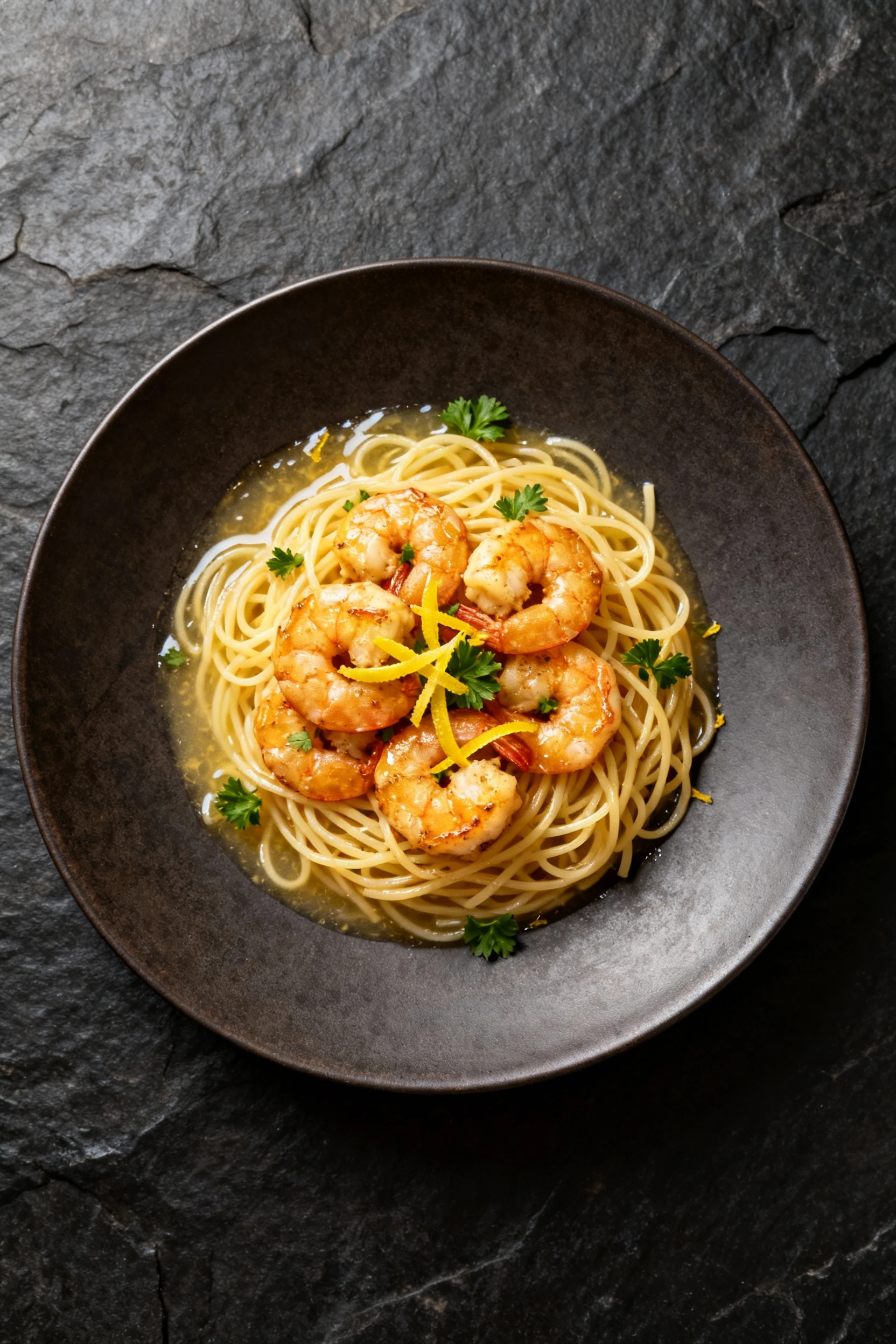 Tasty top view: overhead shot of Shrimp Scampi angel hair—golden sautéed shrimp atop capellini, butter–white wine gloss,