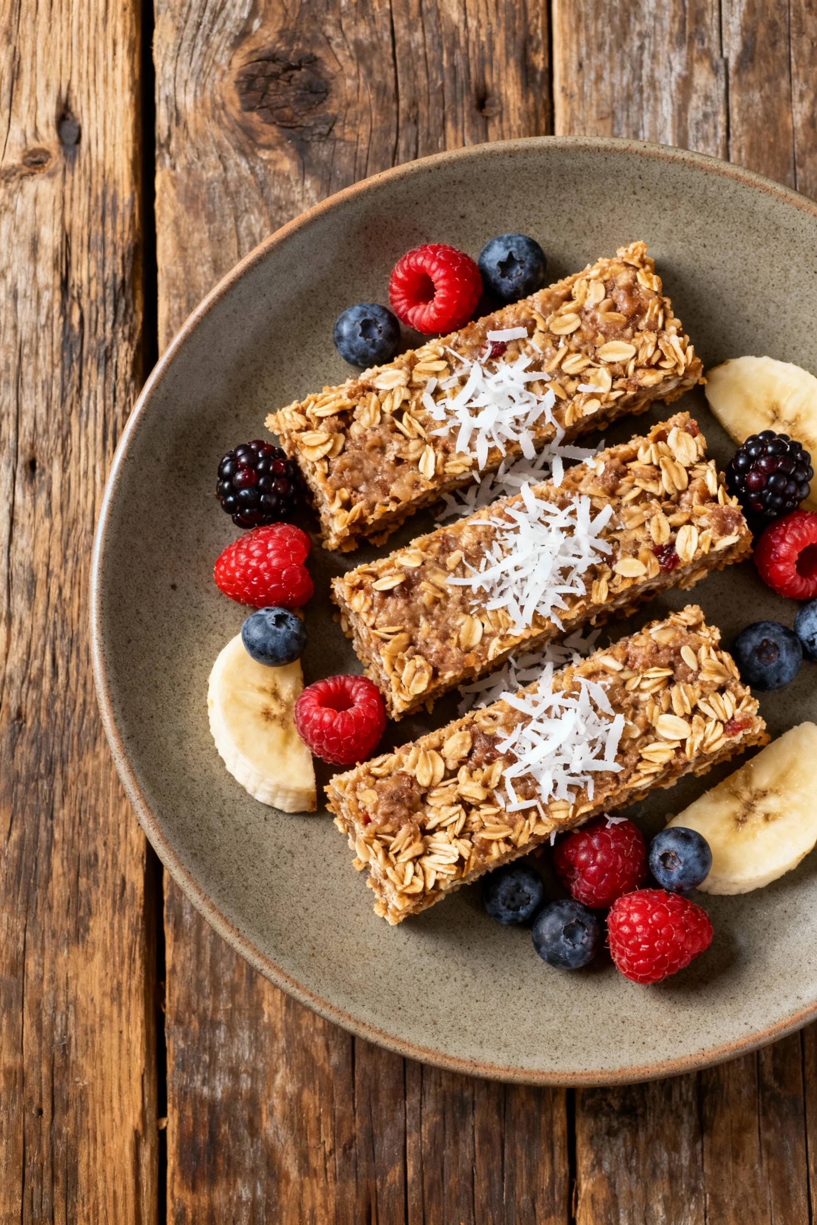 Overhead shot of neatly arranged banana oat bars on a matte ceramic plate, garnished with fresh berries and a sprinkle o