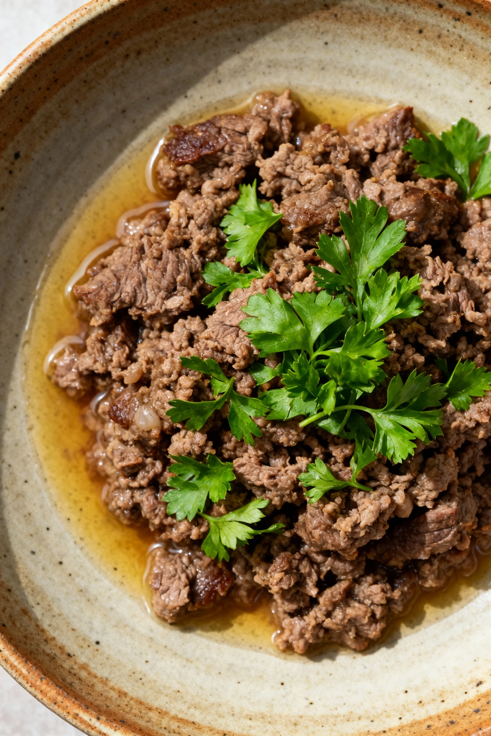 Overhead shot of freshly cooked ground venison garnished with bright green parsley, served in a rustic ceramic bowl with