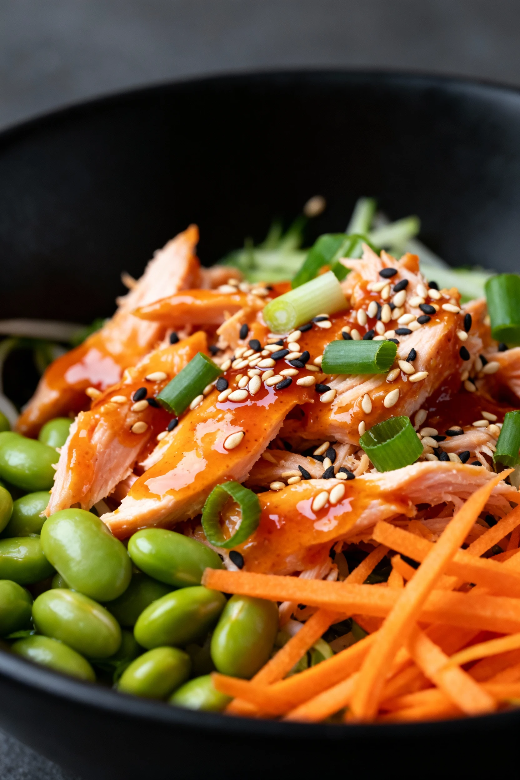 4. Macro detail of Sriracha–sesame salmon salad showing glossy orange-tinted dressing, sesame seeds, scallions, shredded