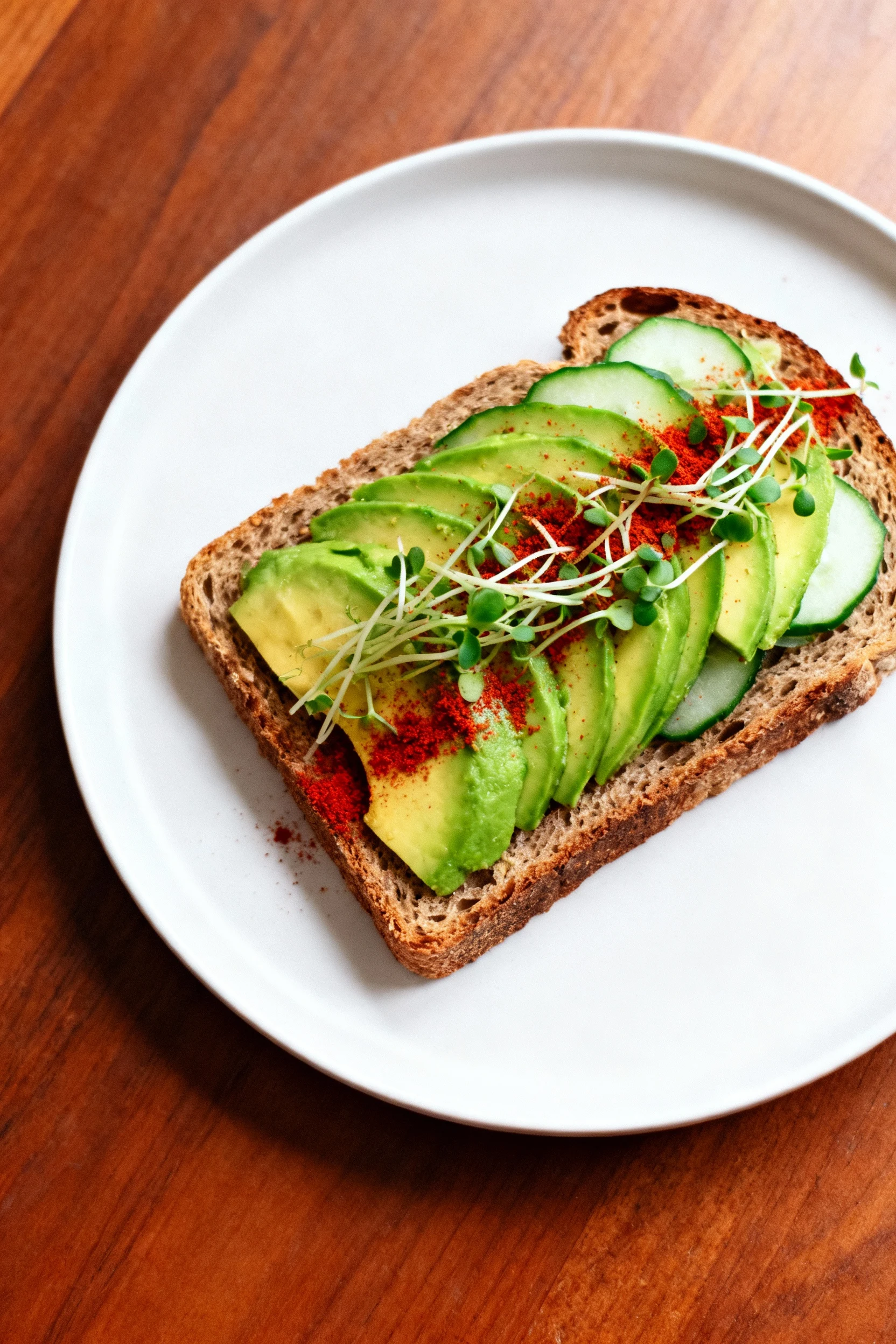 Overhead shot of an open-faced whole grain sandwich topped with sliced avocado, sprouts, cucumber, and a sprinkle of smo