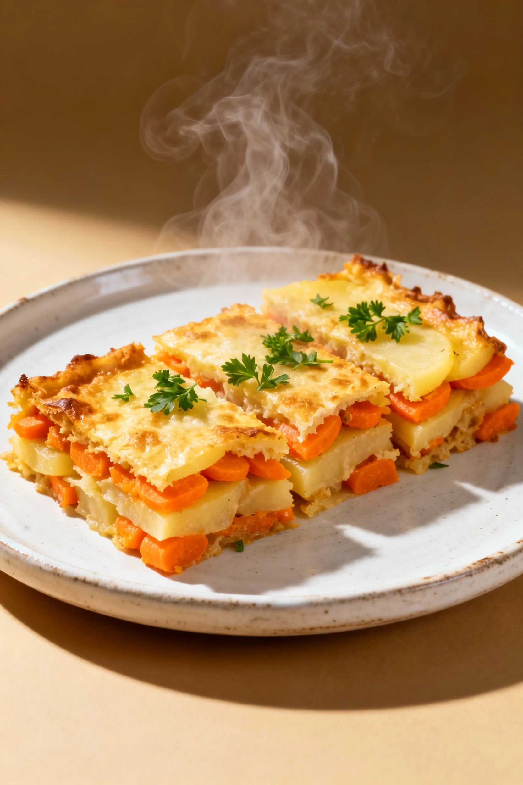Overhead shot of sliced casserole portions neatly arranged on a rustic white plate, steam rising, vibrant orange carrots