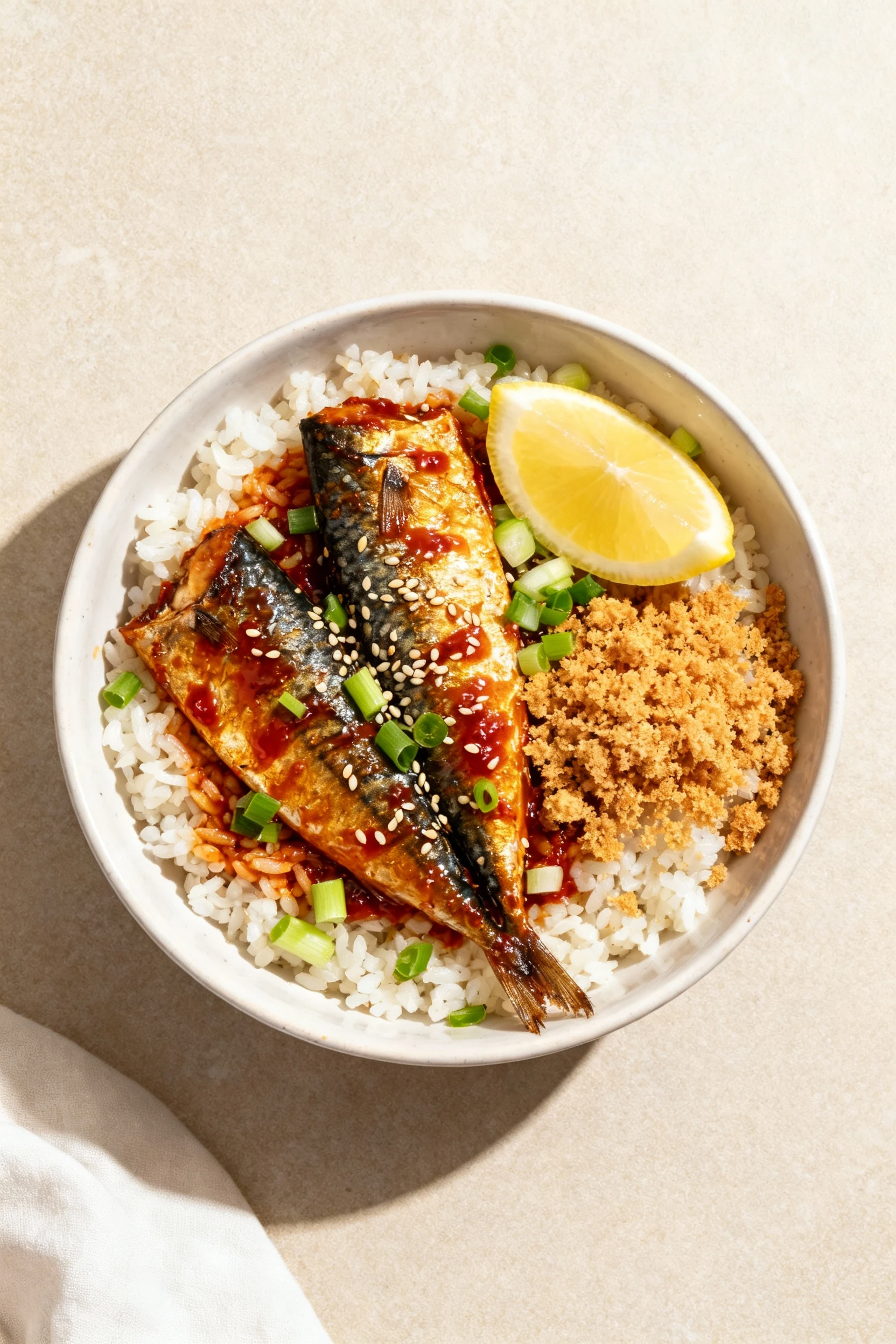 4. Overhead spicy gochujang sardine rice bowl: steamed rice topped with seared sardines, gochujang glaze, scallions, ses