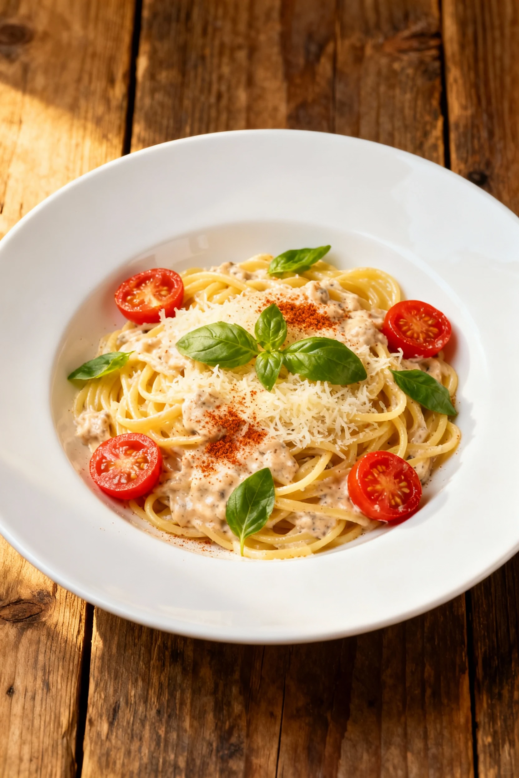 Overhead shot of the finished pasta dish tossed with creamy Parmesan sauce, bright pops of cherry tomato halves, fresh b