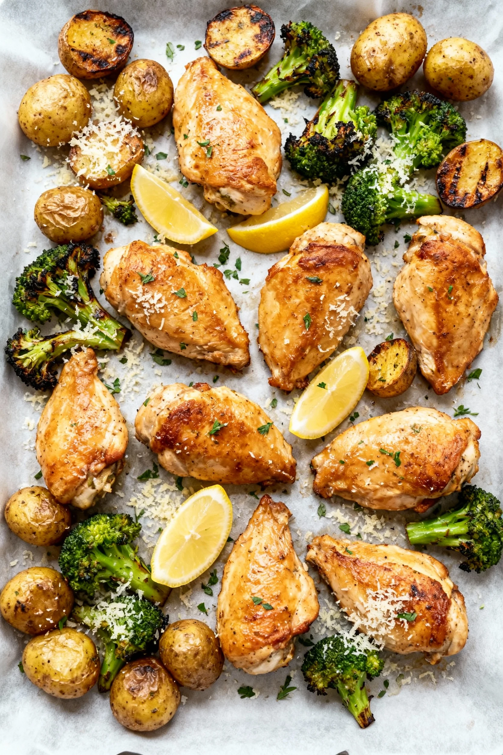 4. Top-down shot of the finished sheet-pan dinner on parchment: evenly spaced golden chicken pieces, crunchy baby potato
