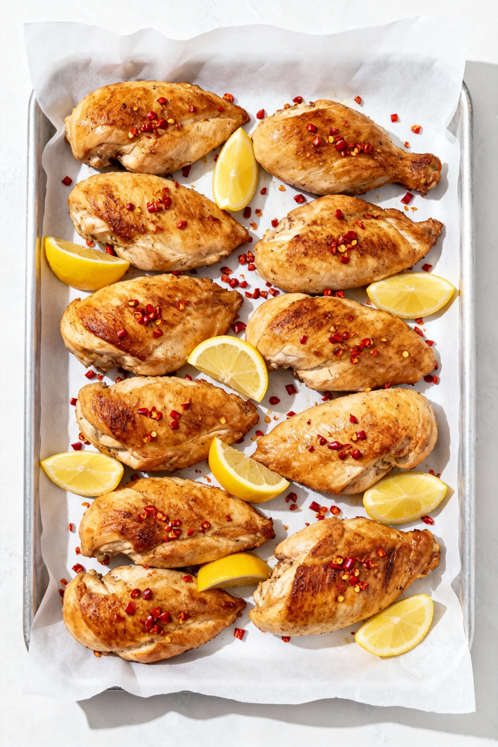 Overhead shot of a serving platter filled with juicy baked chicken breasts, arranged neatly with lemon wedges and scatte