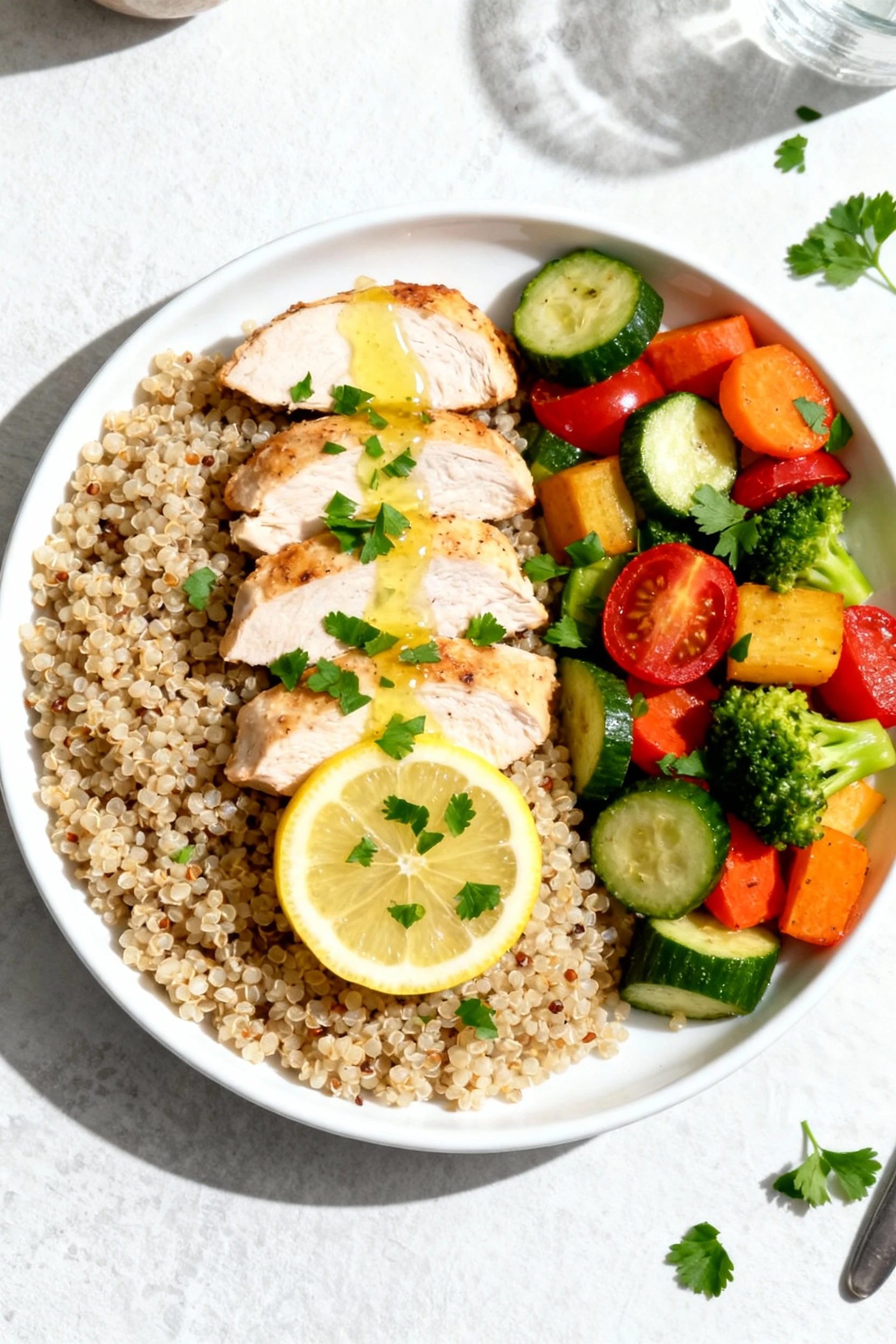 Overhead shot of quinoa, chicken, and vibrant vegetables arranged in neat sections on a white ceramic plate, drizzled wi