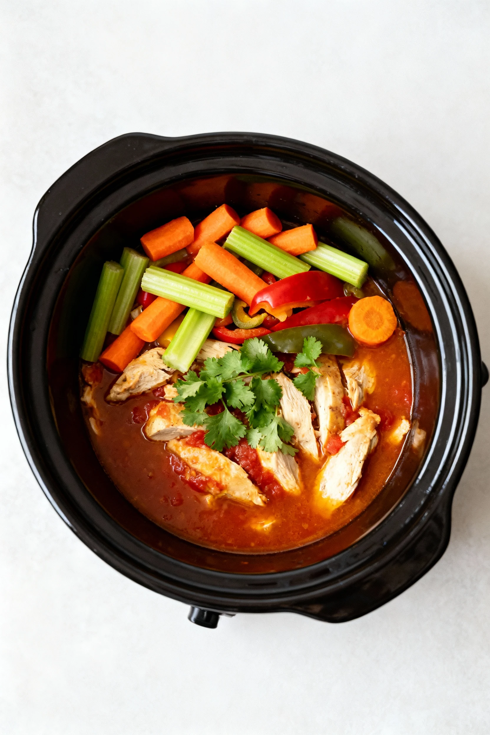 Overhead view of a crockpot filled with vibrant cooked vegetables—carrots, celery, and bell peppers—layered over juicy c