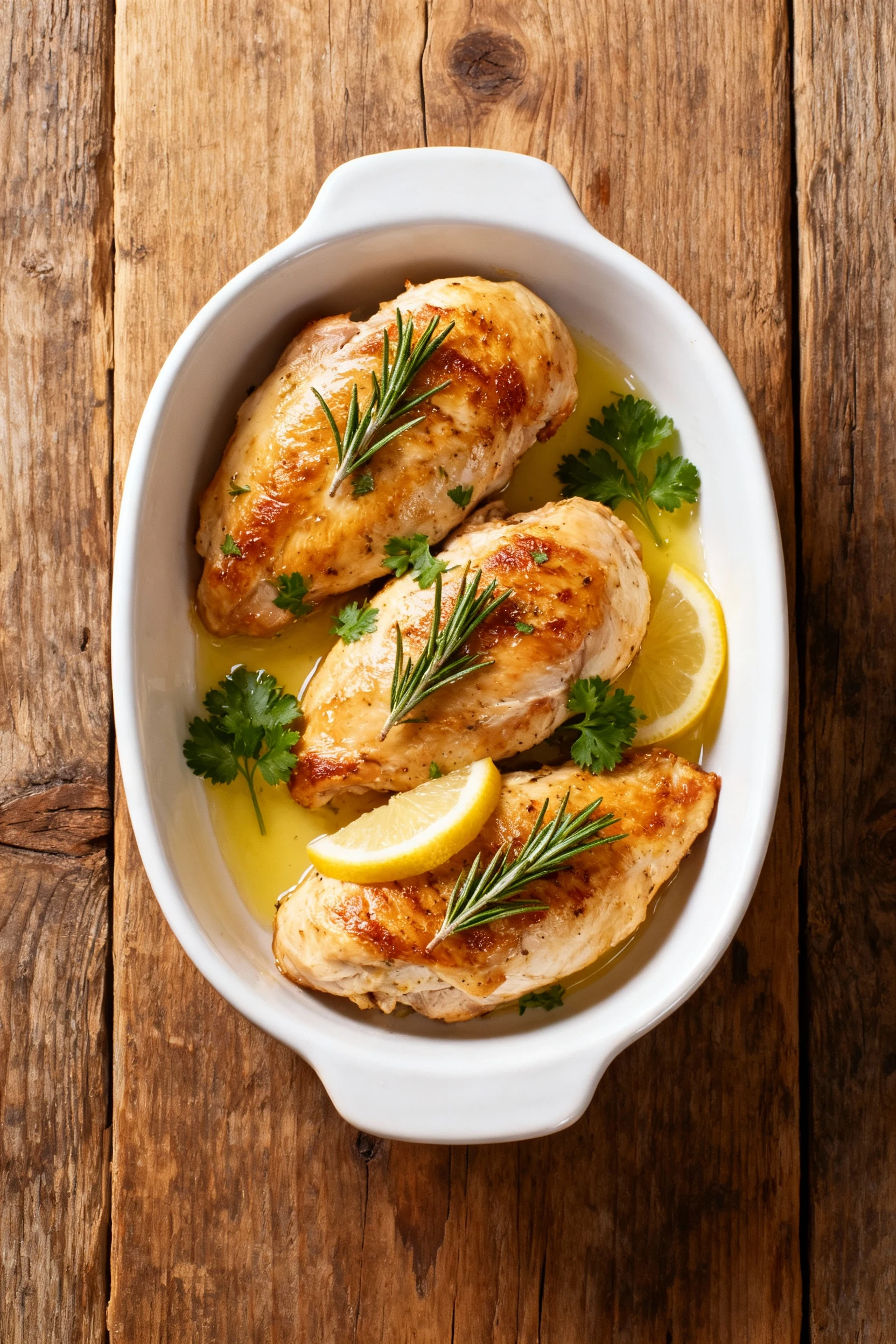 Overhead shot of freshly cooked chicken breasts plated on white ceramic dish, garnished with sprigs of rosemary and pars