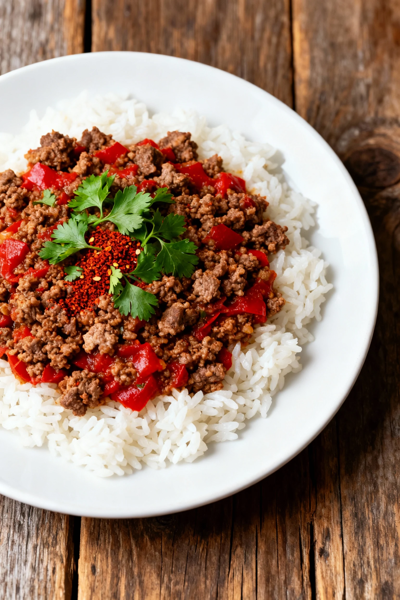 Overhead shot of the finished ground beef dish served over fluffy white rice, garnished with fresh parsley and a sprinkl