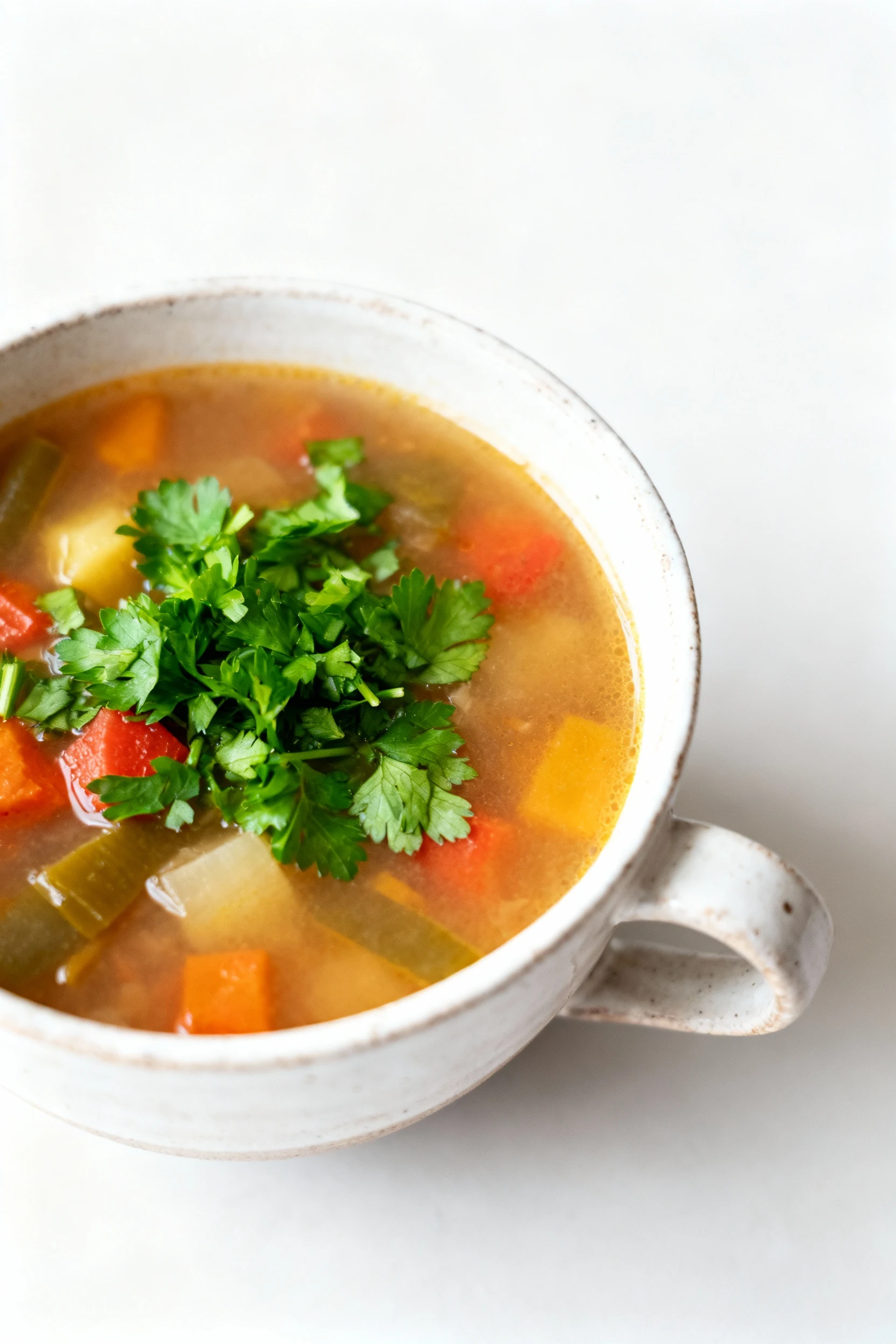 Overhead shot of freshly ladled soup in a rustic white ceramic bowl, garnished with bright green chopped parsley, colorf
