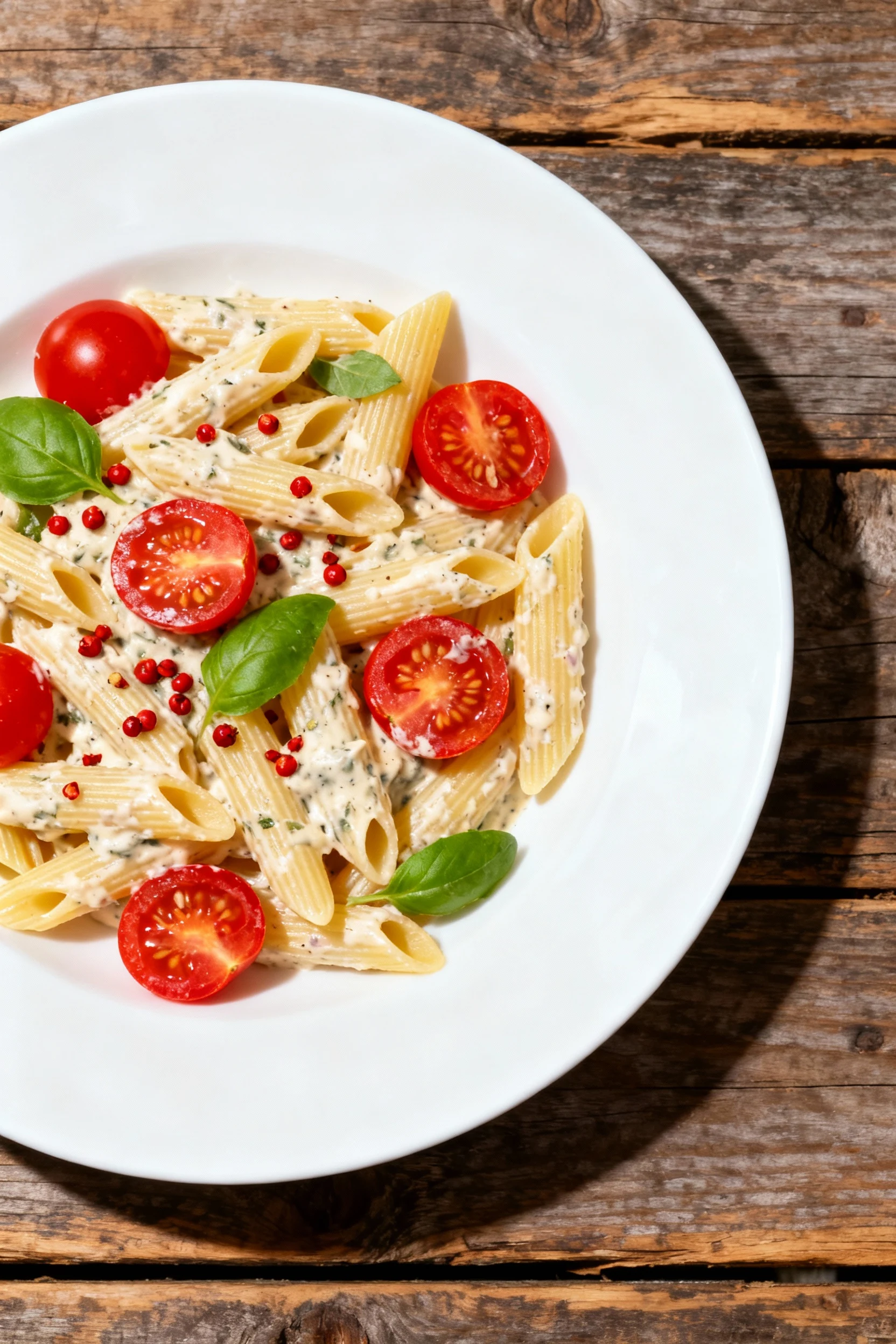 Overhead shot of penne pasta tossed with cream sauce, halved cherry tomatoes, and sprinkled red pepper flakes, vibrant c