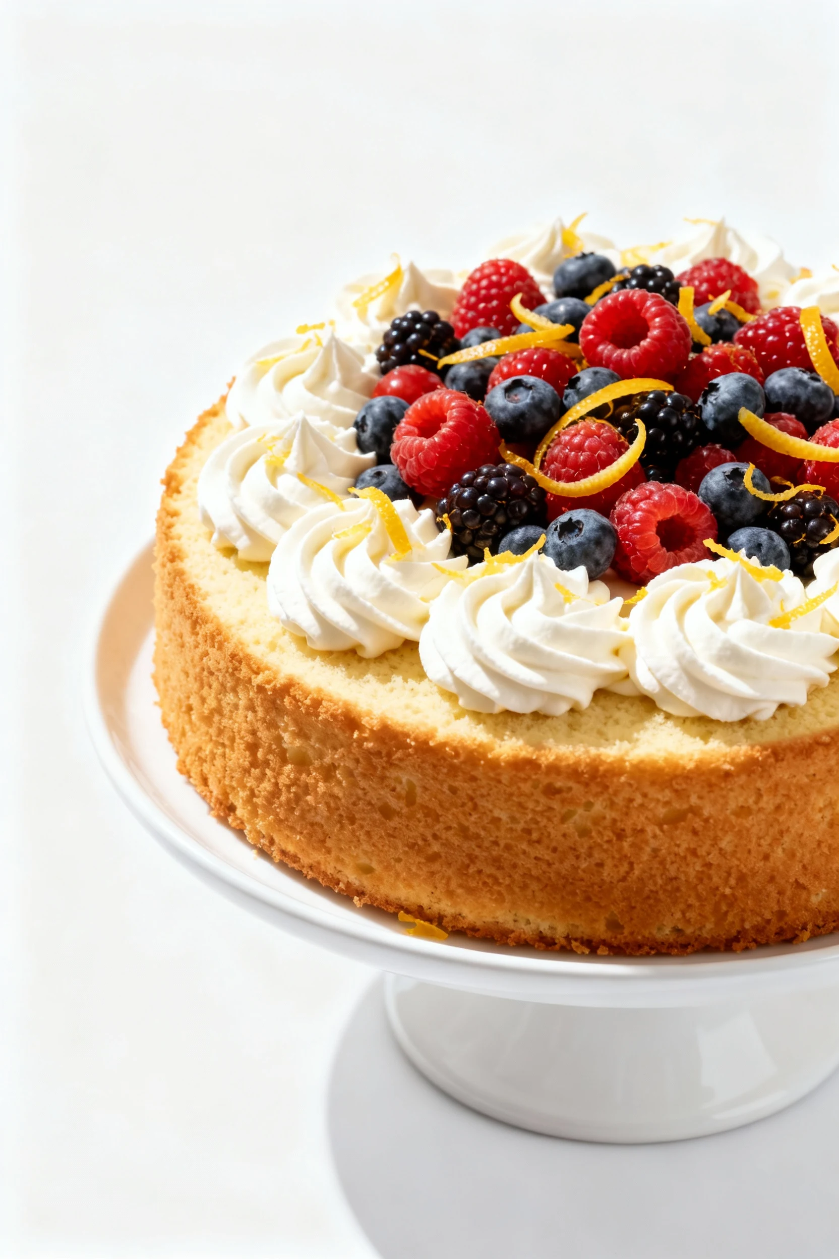 Overhead shot of a vanilla sponge cake topped with whipped cream swirls, vibrant seasonal berries, and citrus zest, pres