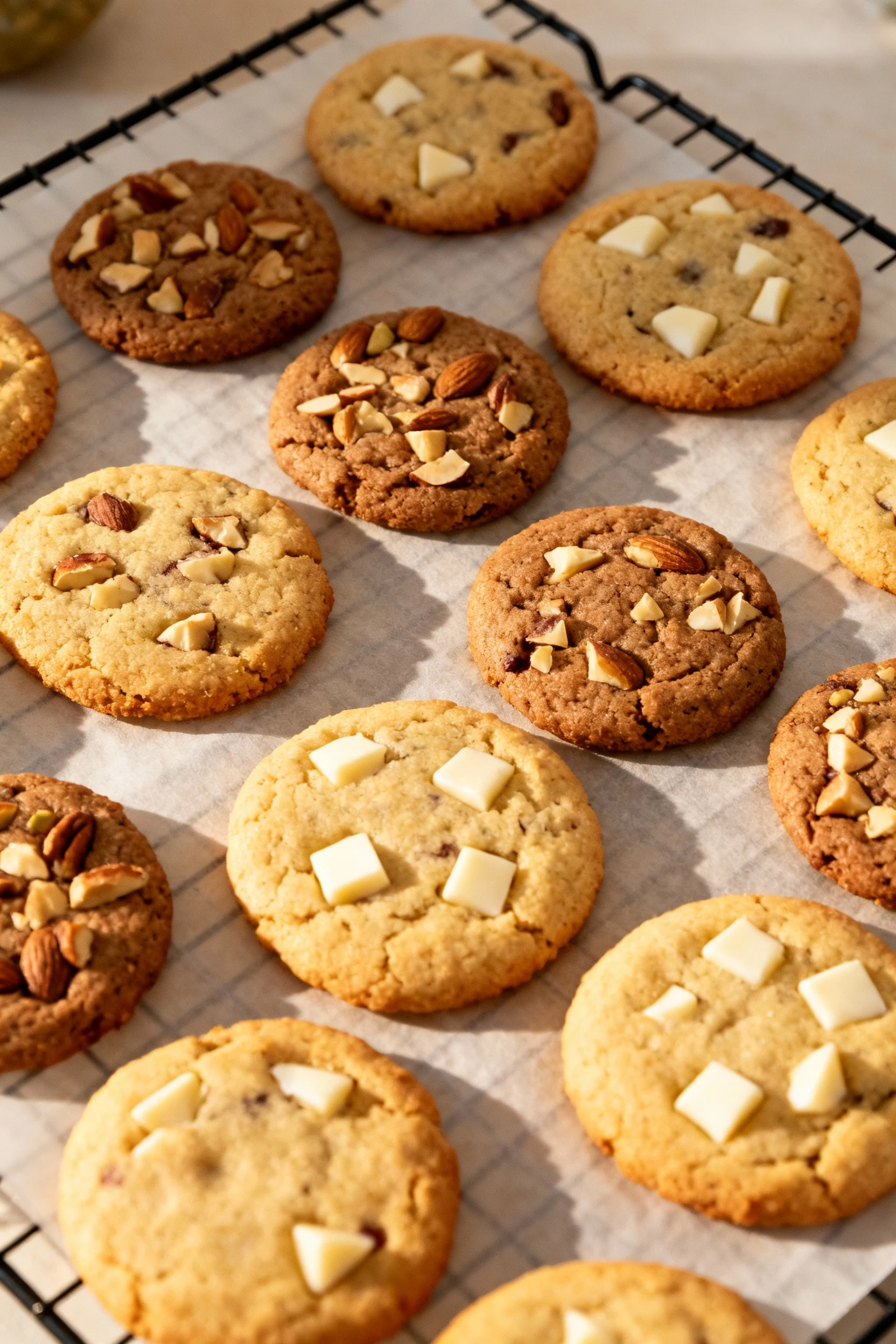 Overhead shot of a cooling rack filled with assorted mix-in cookies — some with chopped nuts, others with white chocolat
