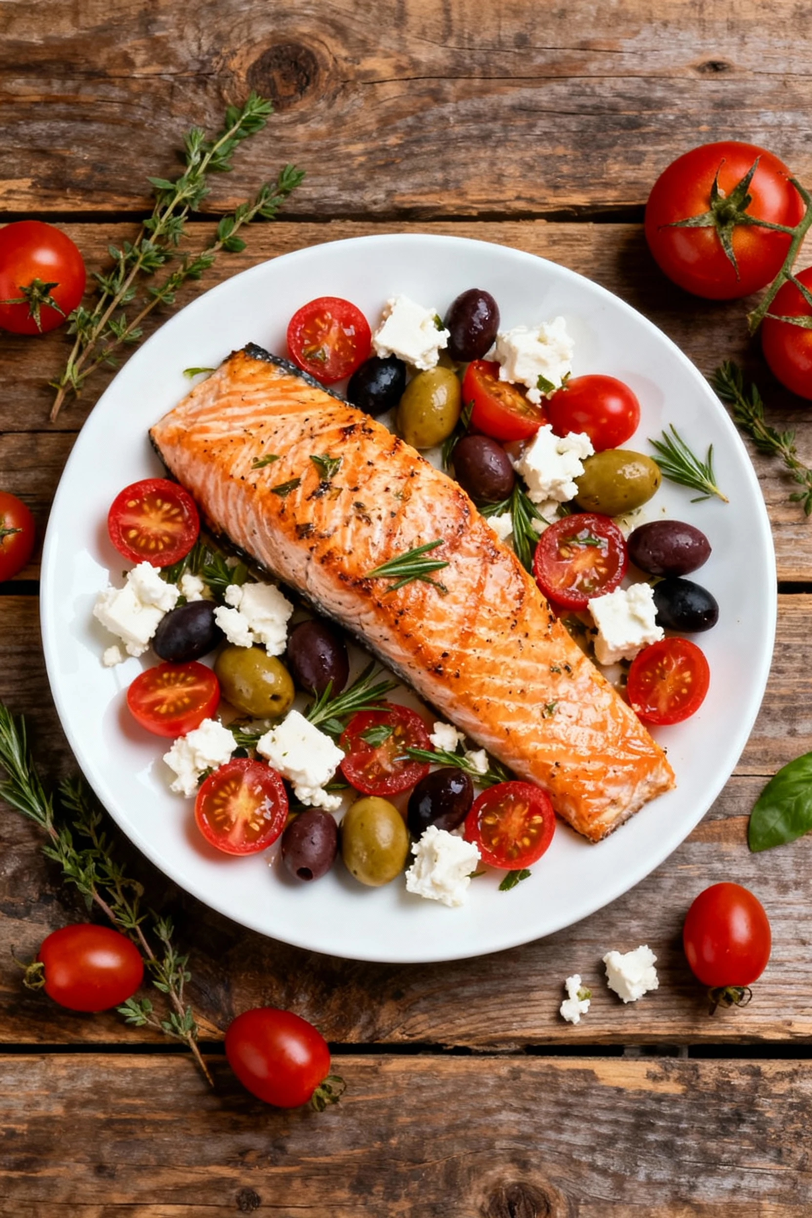 Overhead shot of Mediterranean-style baked salmon plated with cherry tomatoes, olives, crumbled feta, and herbs, vibrant