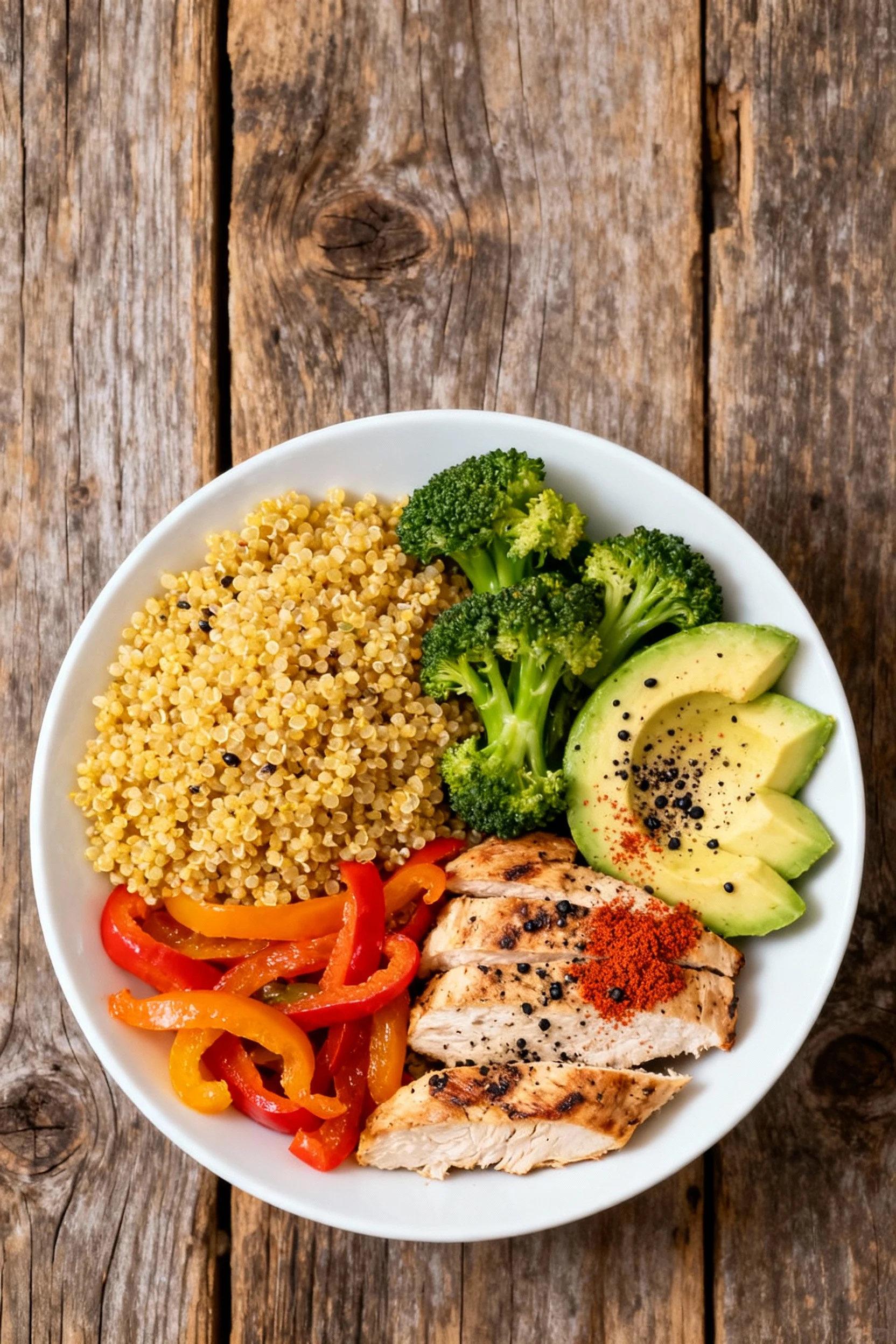Overhead shot of a colorful quinoa bowl arranged in visually appealing sections: golden quinoa, sautéed bell peppers, st
