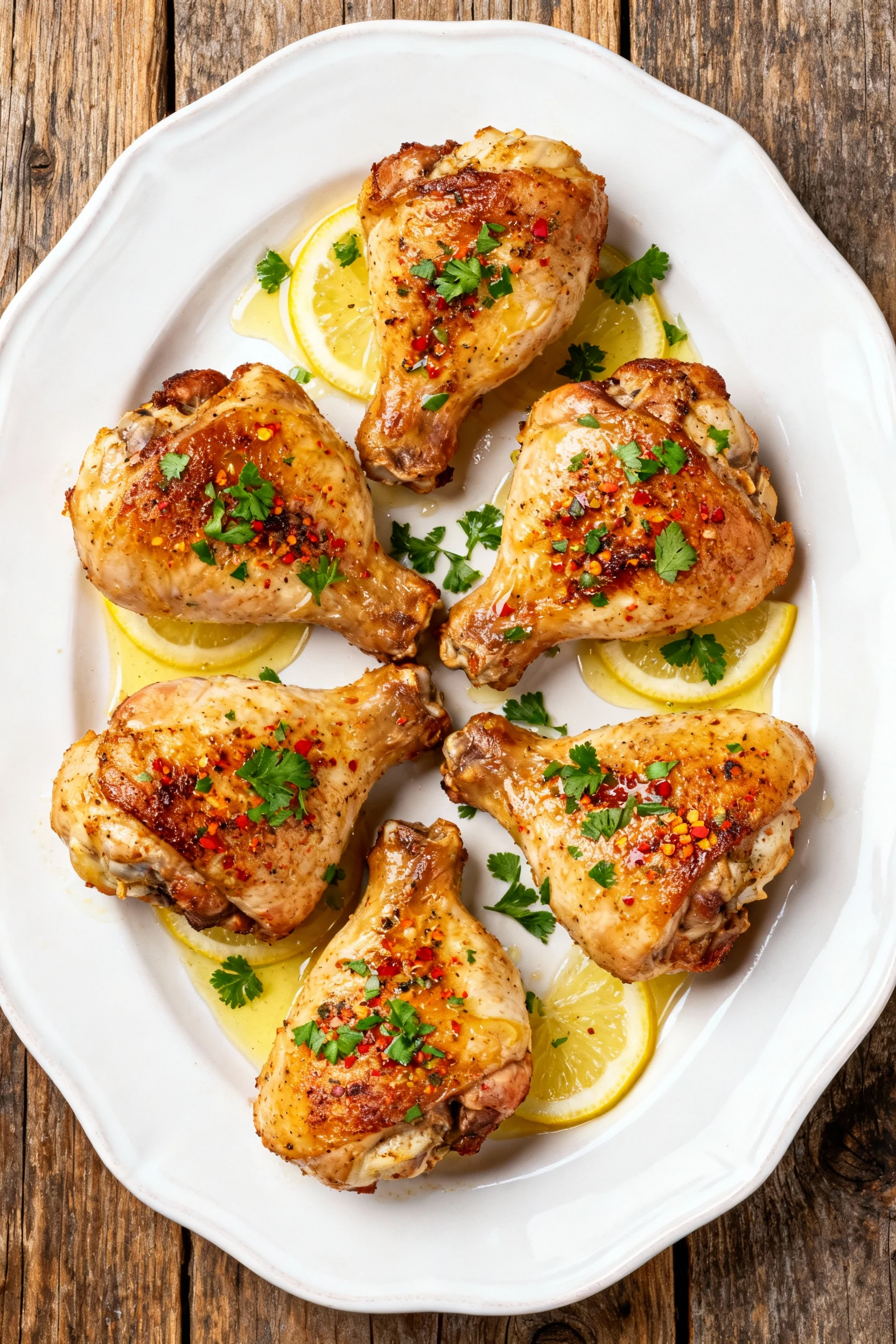 Overhead shot of a platter of six roasted chicken thighs arranged neatly, each drizzled with lemon juice and garnished w