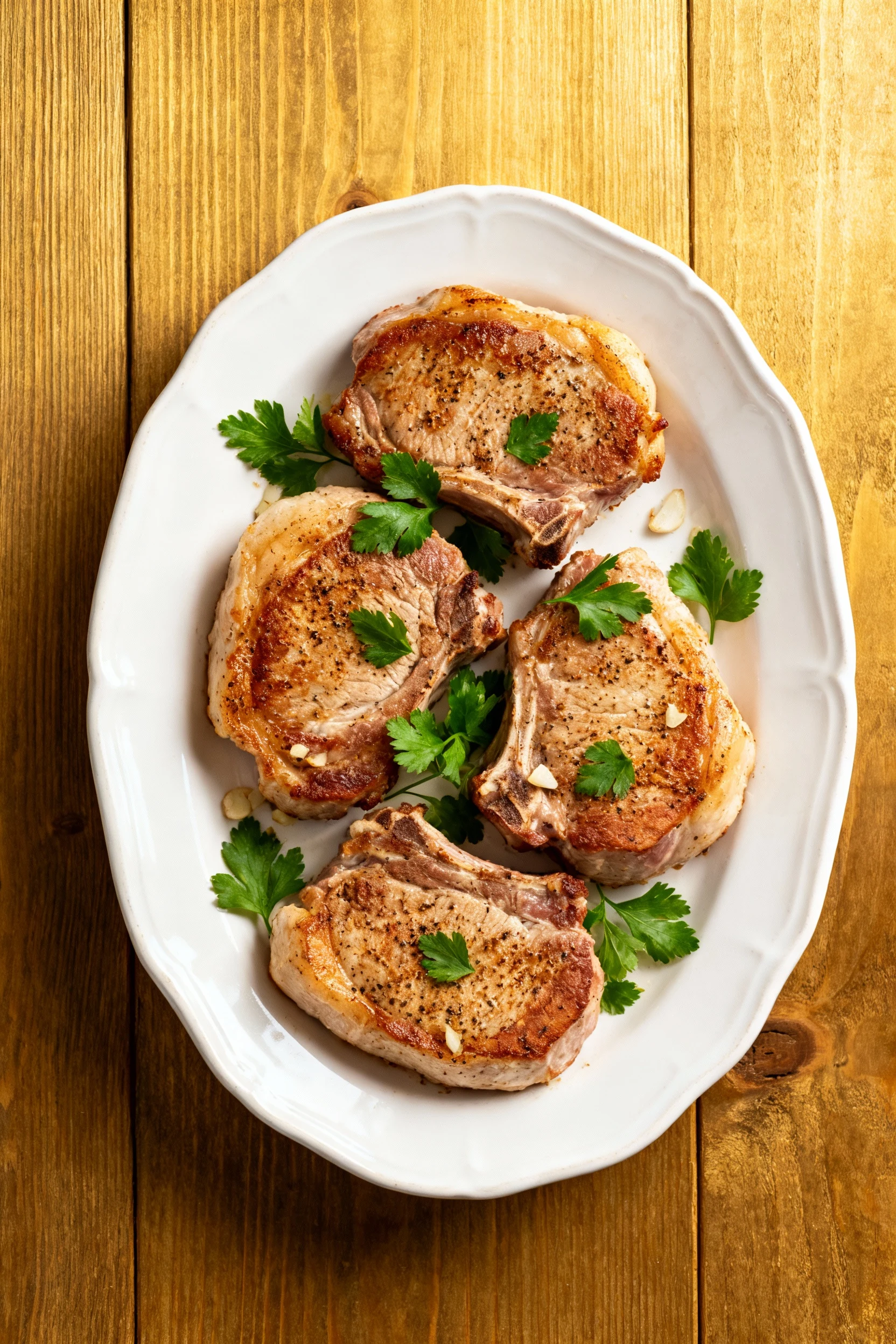 Overhead shot of four seasoned pork chops resting on a white ceramic plate, garnished with fresh parsley leaves, subtle 