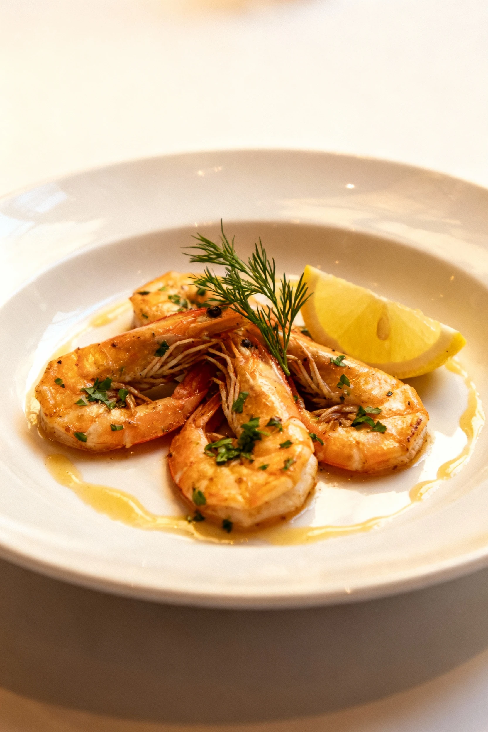 Beautifully plated lemon-parsley shrimp on a white ceramic plate, garnished with fresh herb sprigs and a lemon wedge, sa