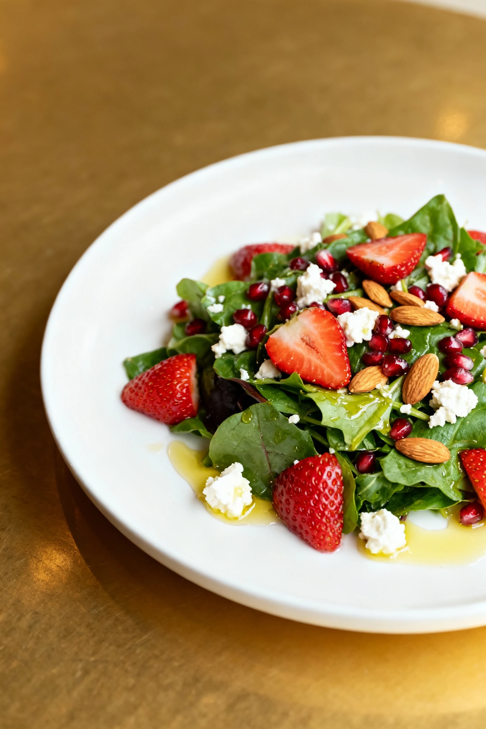 Beautifully plated mixed greens salad with strawberries, pomegranate seeds, toasted almonds, and feta crumbles, arranged