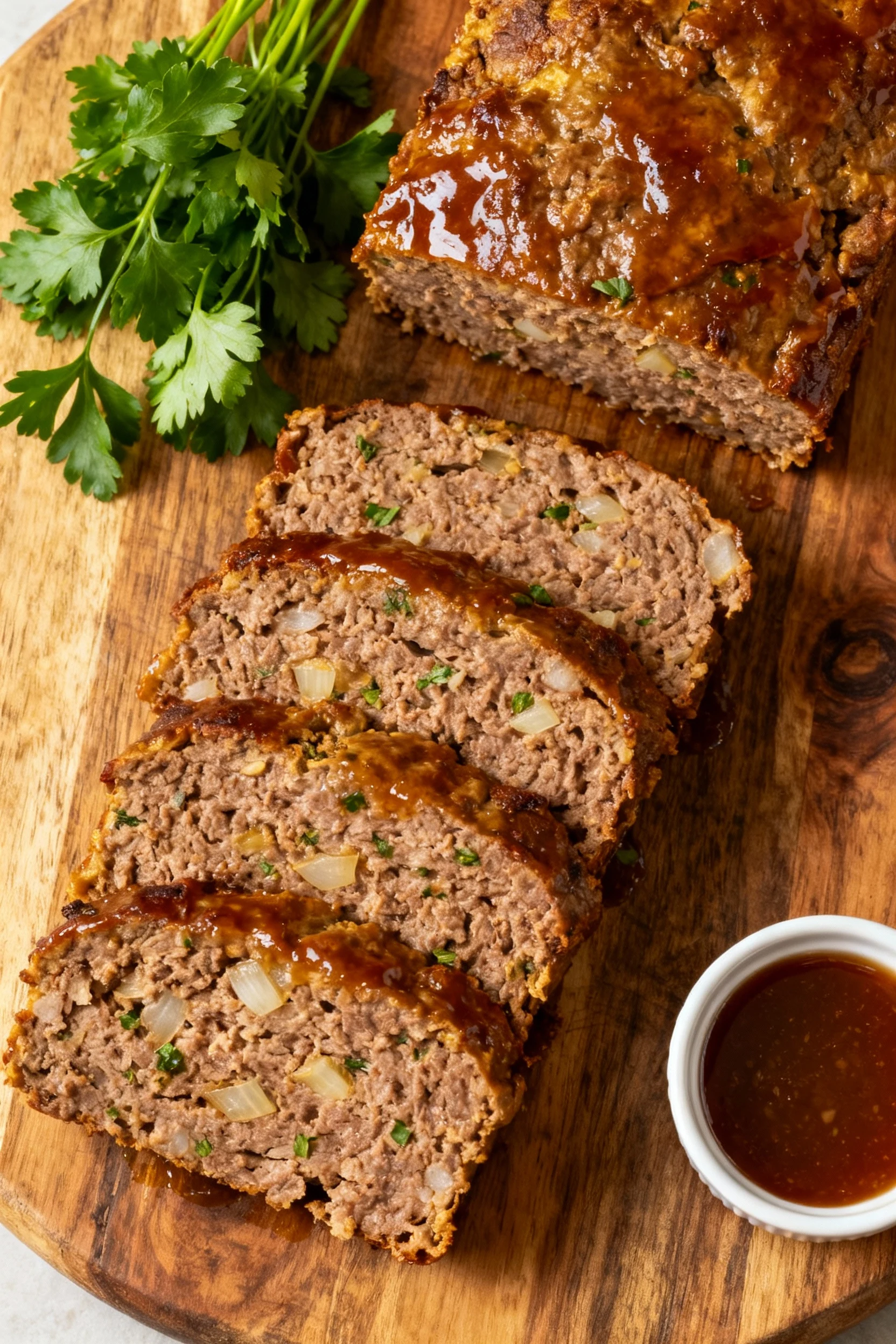 Overhead shot of thick meatloaf slices arranged neatly on a rustic wooden serving board, each slice showing moist, tende